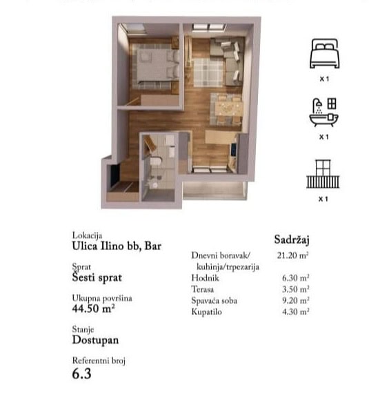 Bar, Karadağ’da 44,5 m² dairenin planı: yatak odası, mutfaklı oturma odası, banyo ve 6. katta teras.