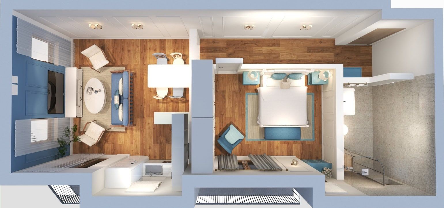 Plan de l’appartement dans le ЖК Рисан, Monténégro : vue de dessus sur le salon, la chambre, la cuisine et la salle de bain avec un mobilier moderne.