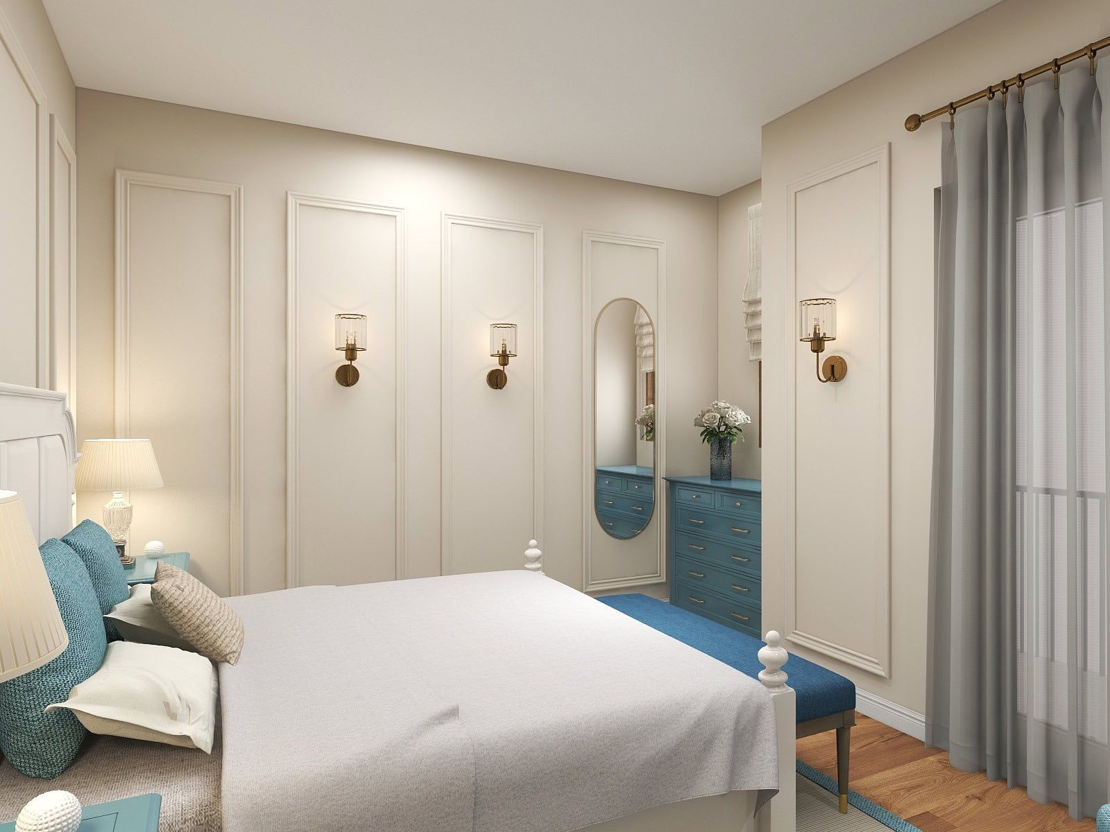 Chambre lumineuse de style classique avec mobilier bleu dans le ЖК Рисан, Черногория : lit double, commode et miroir.