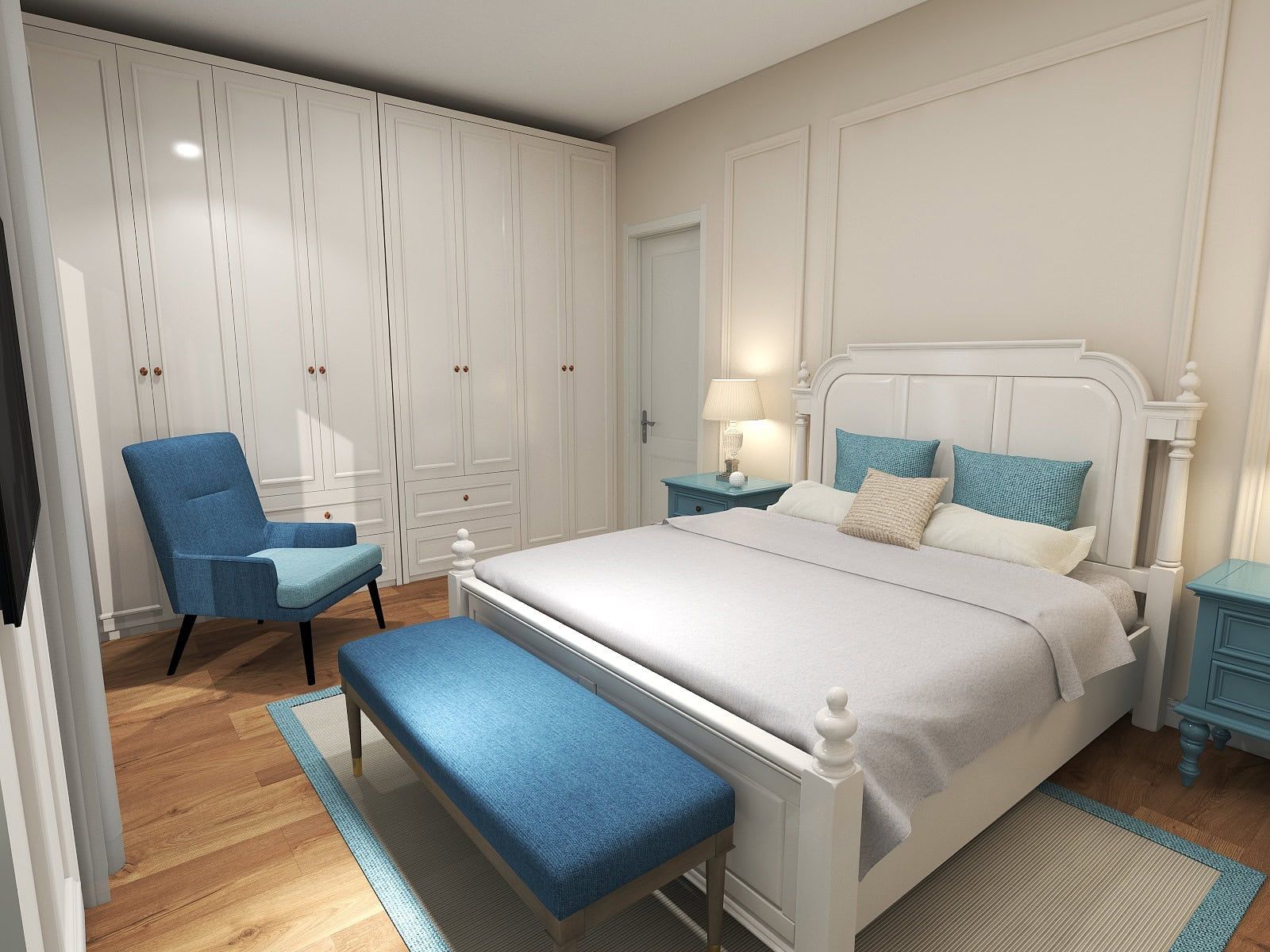 Chambre lumineuse de style classique dans le ЖК Рисан, Monténégro : lit blanc, placard intégré et mobilier bleu.