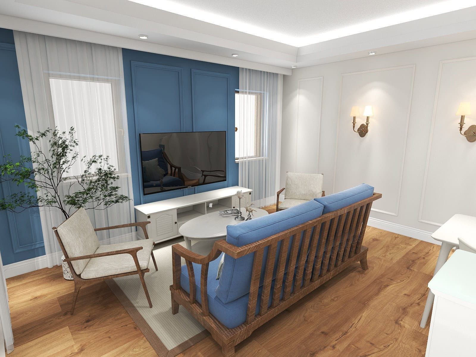 Design du salon dans le ЖК Рисан, Monténégro : canapé bleu, mobilier en bois, moulures murales et intérieur clair.