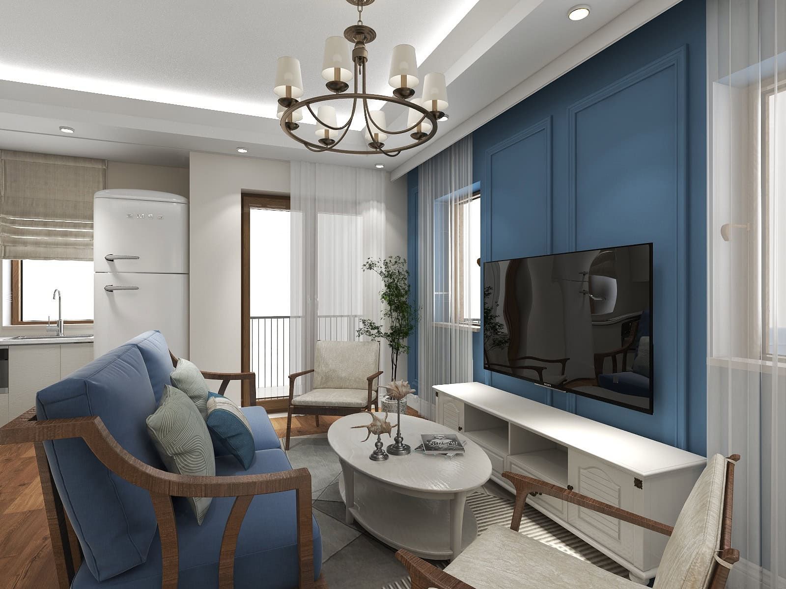 Intérieur du salon dans le ЖК Рисан, Monténégro : murs bleus, mobilier classique, réfrigérateur vintage Smeg et coin TV.