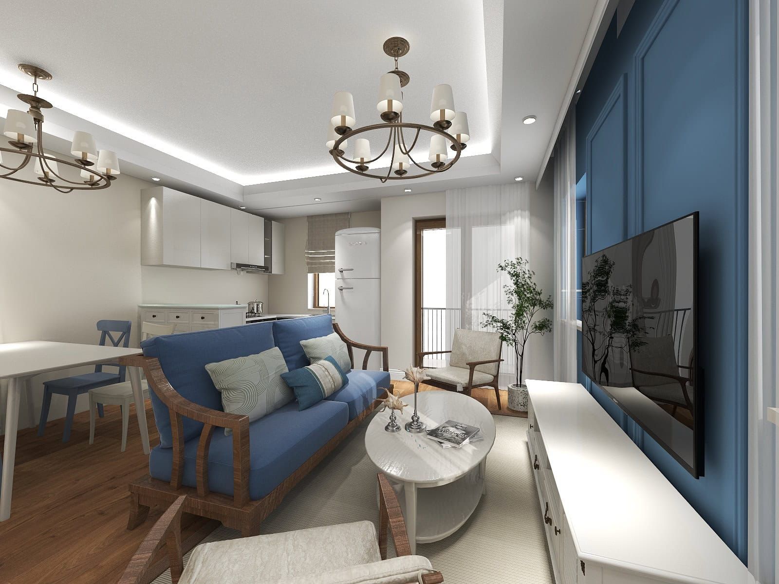 Salon moderne avec canapé bleu et cuisine dans une résidence à Risan, Monténégro : intérieur élégant avec accès au balcon.