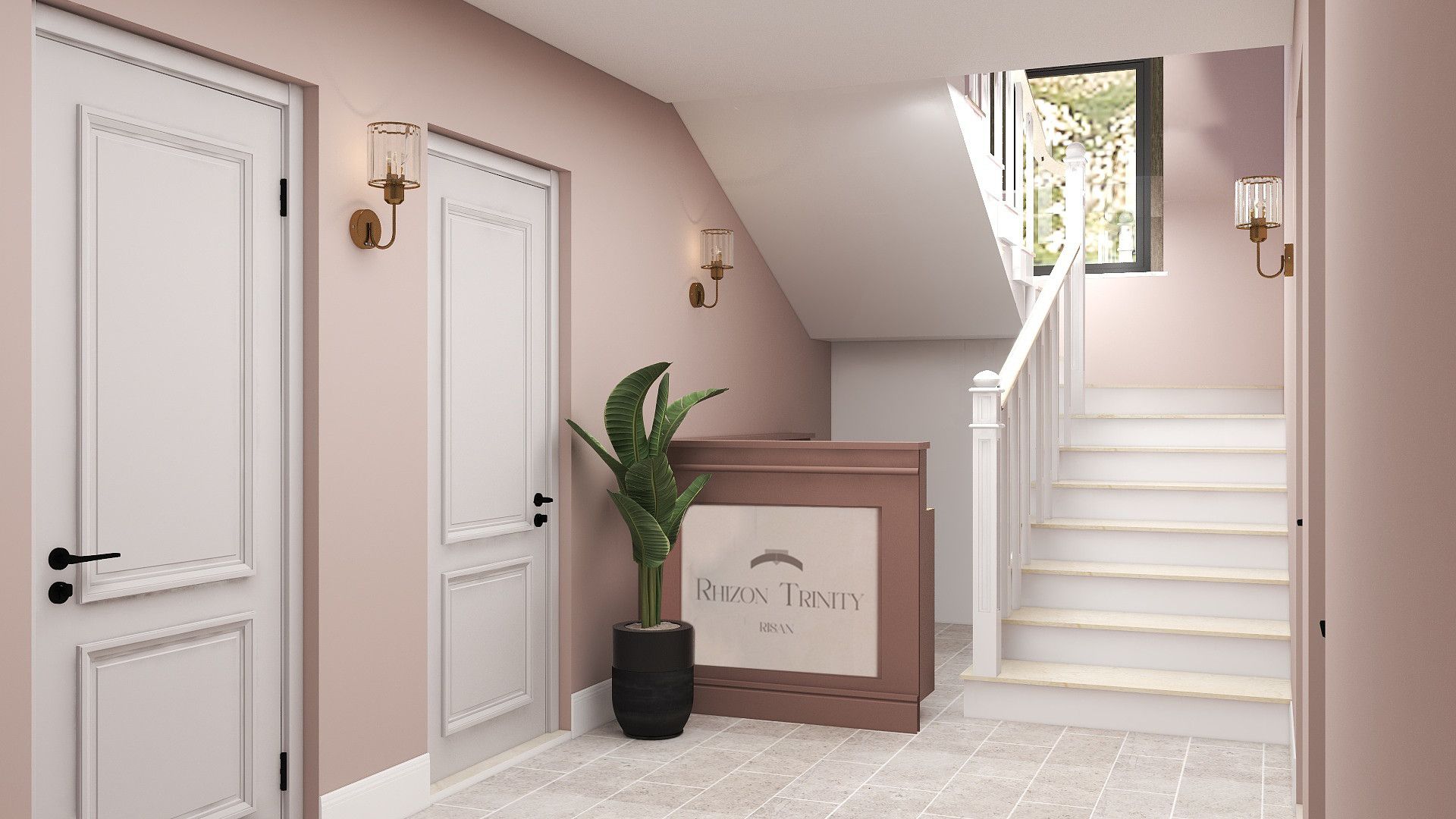 Intérieur du hall avec réception et escalier dans le ЖК Rhizon Trinity, Risan, Monténégro : finition élégante et design moderne.
