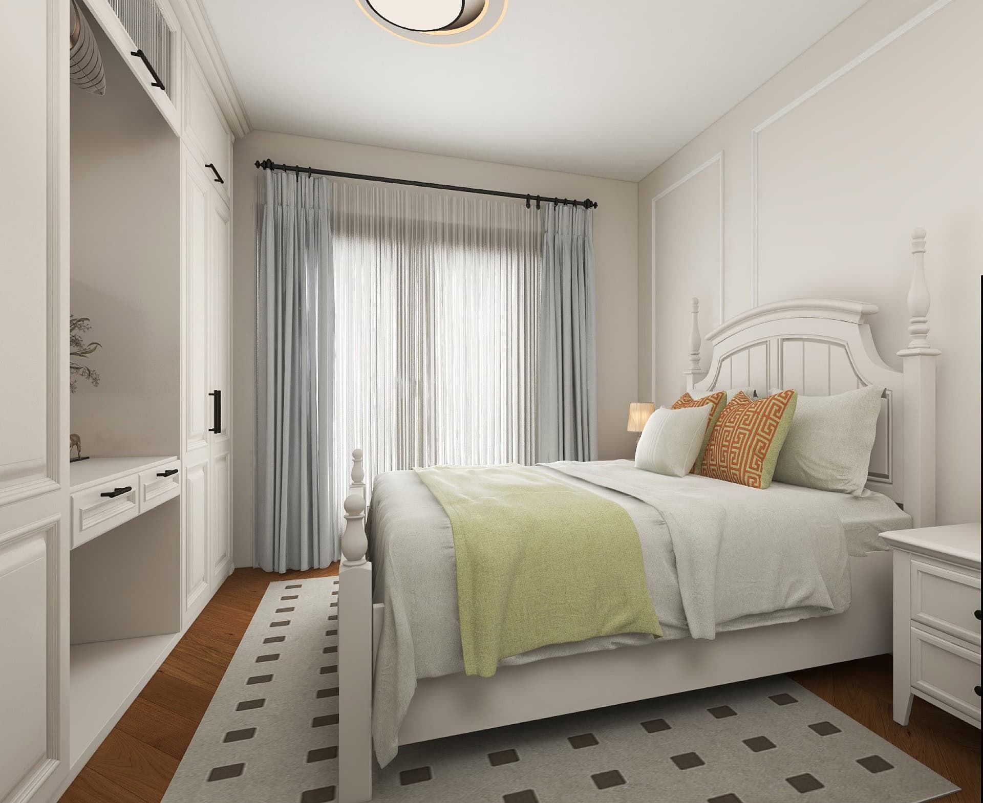 Chambre lumineuse avec mobilier blanc et placard intégré dans un complexe résidentiel à Risan, Monténégro. Intérieur moderne.