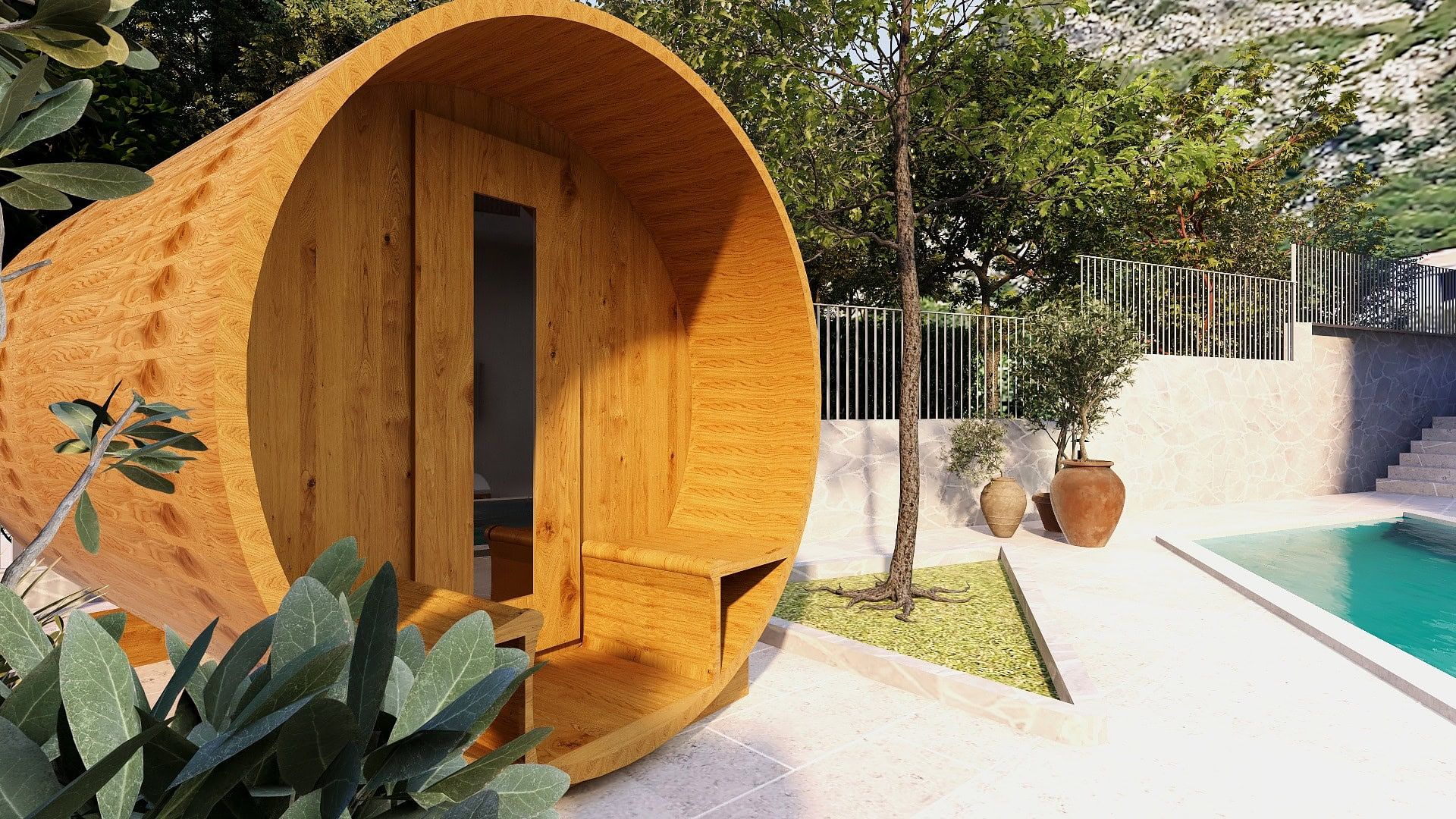 Sauna ronde en bois au bord de la piscine dans un complexe résidentiel à Risan, Monténégro, avec aménagement paysager et terrasse.