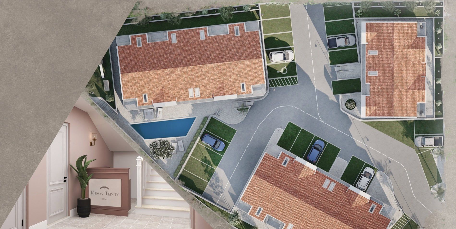 Vue aérienne du complexe résidentiel Rhizon Trinity à Risan, Monténégro : maisons aux toits en tuiles, piscine et parking.