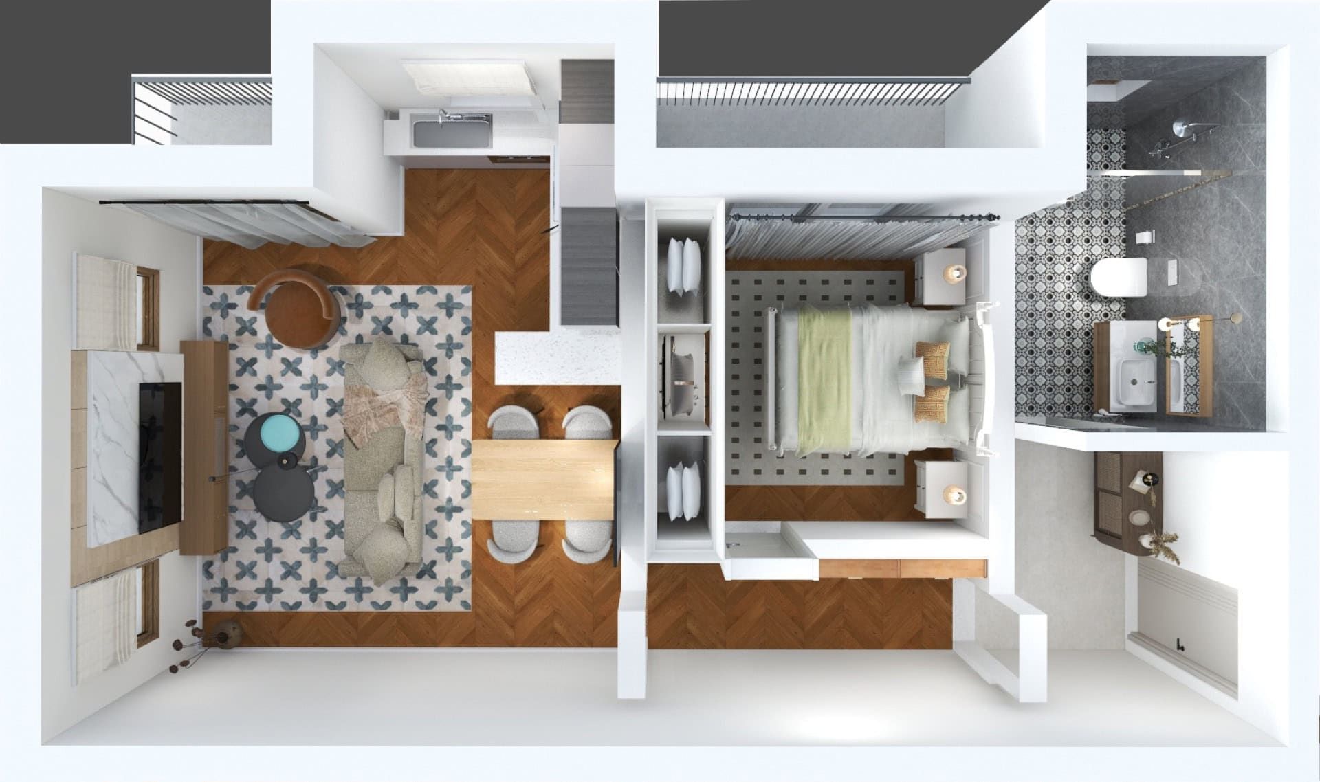 Plan de l’appartement dans le ЖК Рисан, Monténégro : séjour avec cuisine, chambre avec dressing et salle de bains carrelée.