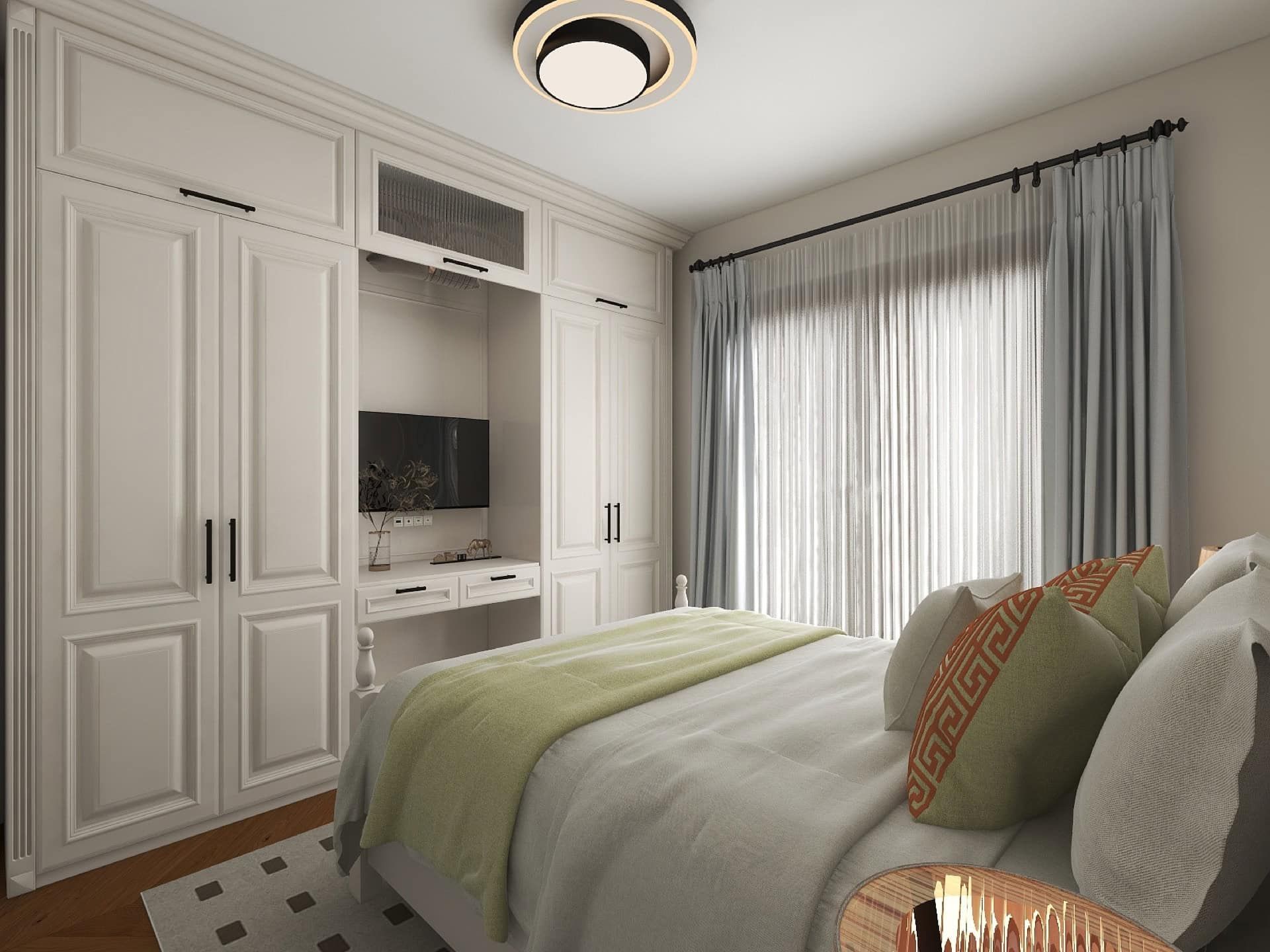 Chambre à coucher de style moderne avec armoire blanche et espace TV dans le ЖК Рисан, Monténégro. Intérieur cosy avec lit double.
