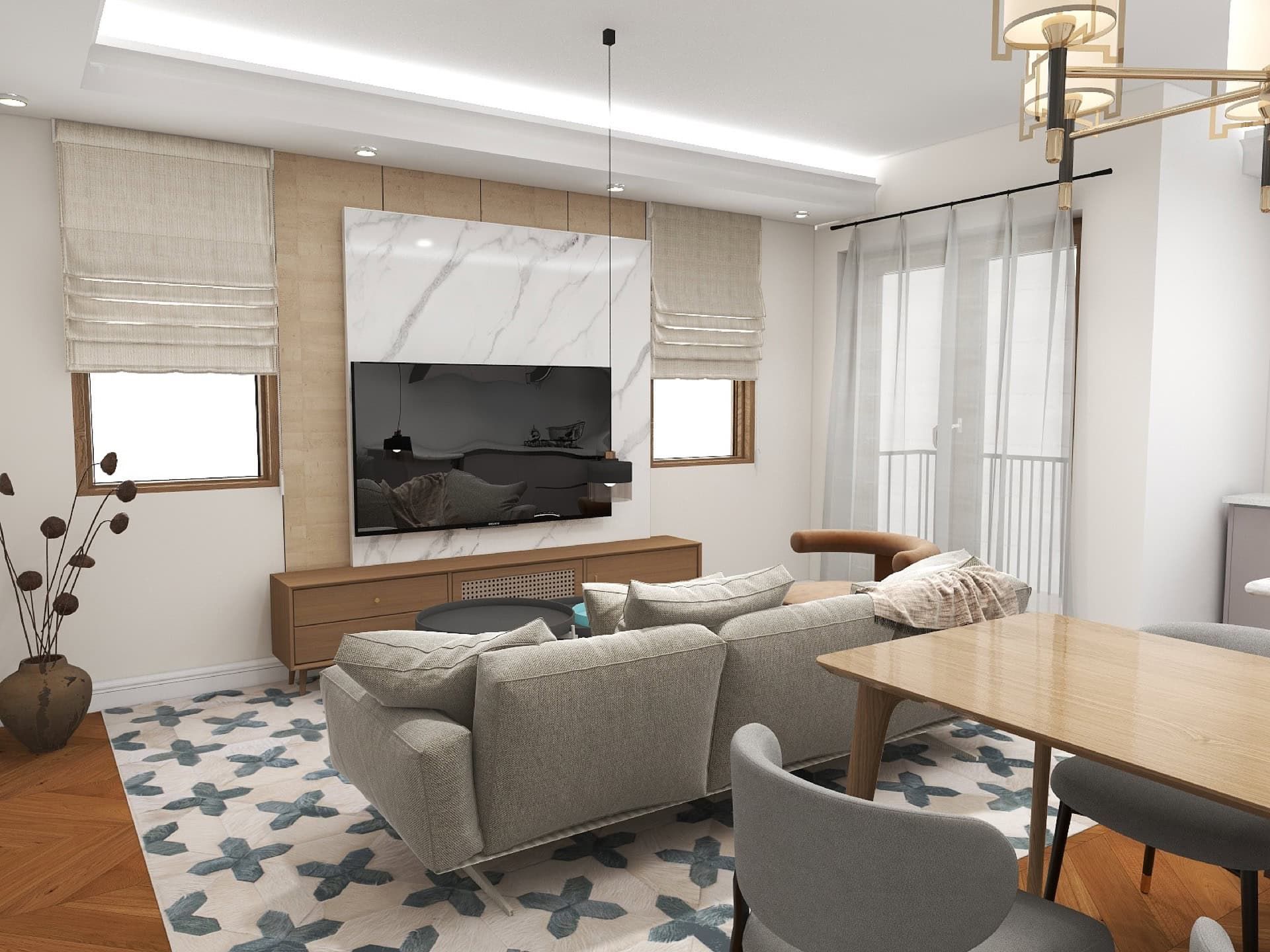 Salon moderne avec zone TV en marbre et mobilier moelleux dans un complexe résidentiel, Risan, Monténégro.