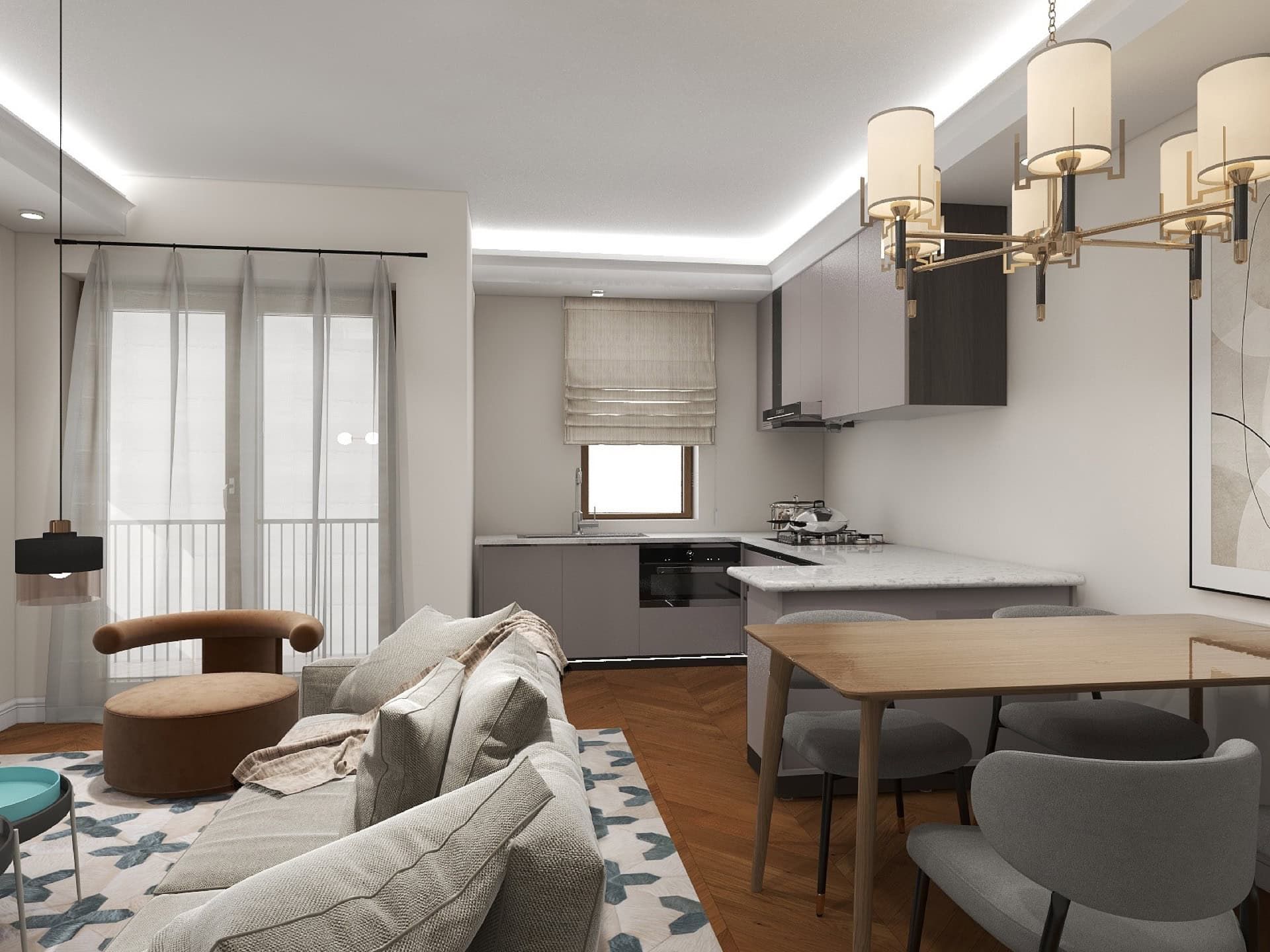 Salon moderne avec cuisine dans le ЖК Рисан, Monténégro : mobilier élégant, parquet en chevrons et éclairage design.
