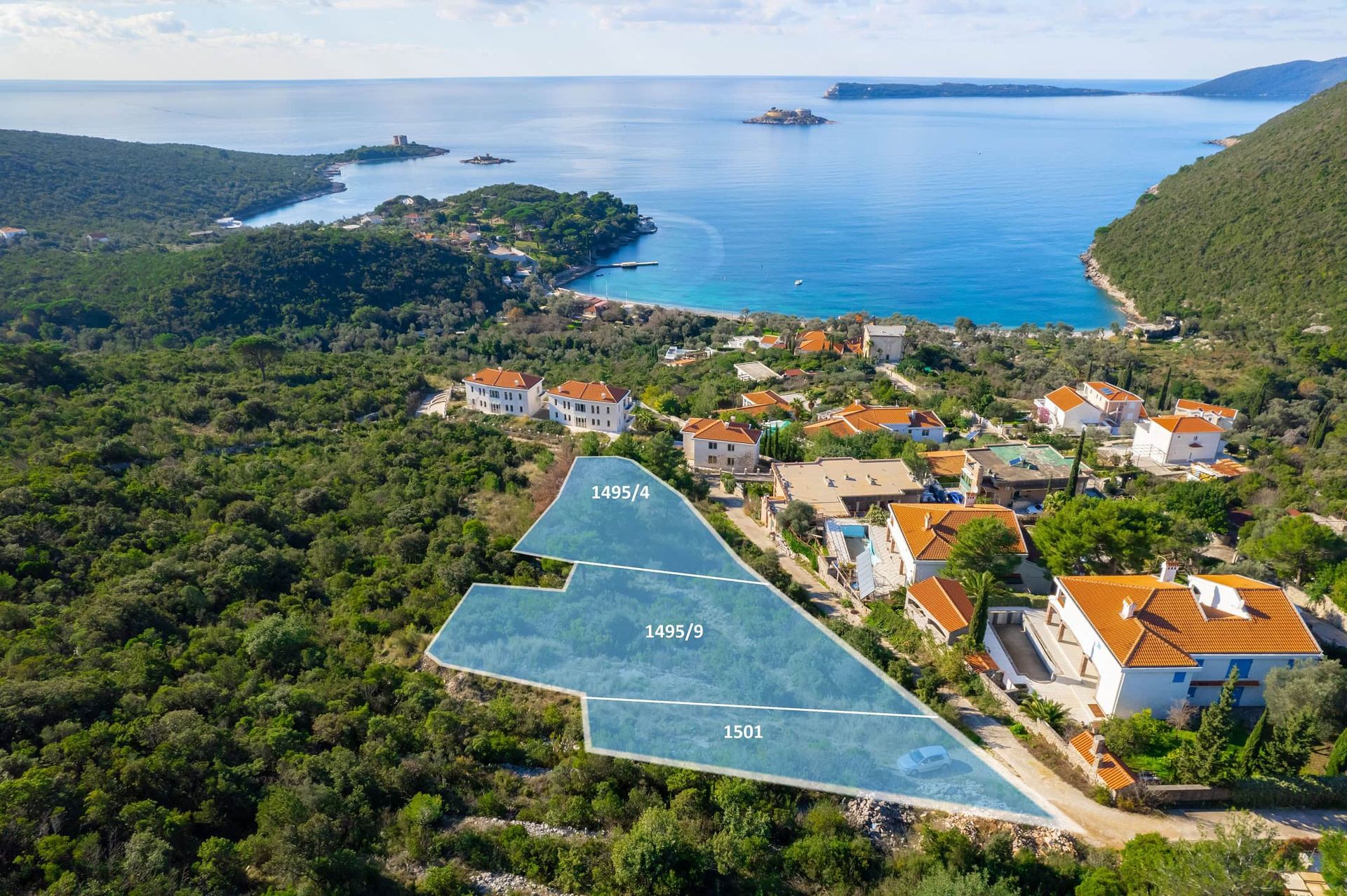 Građevinsko zemljište u Žanjicama, Crna Gora, sa panoramskim pogledom na Jadransko more i ostrvo Mamula.