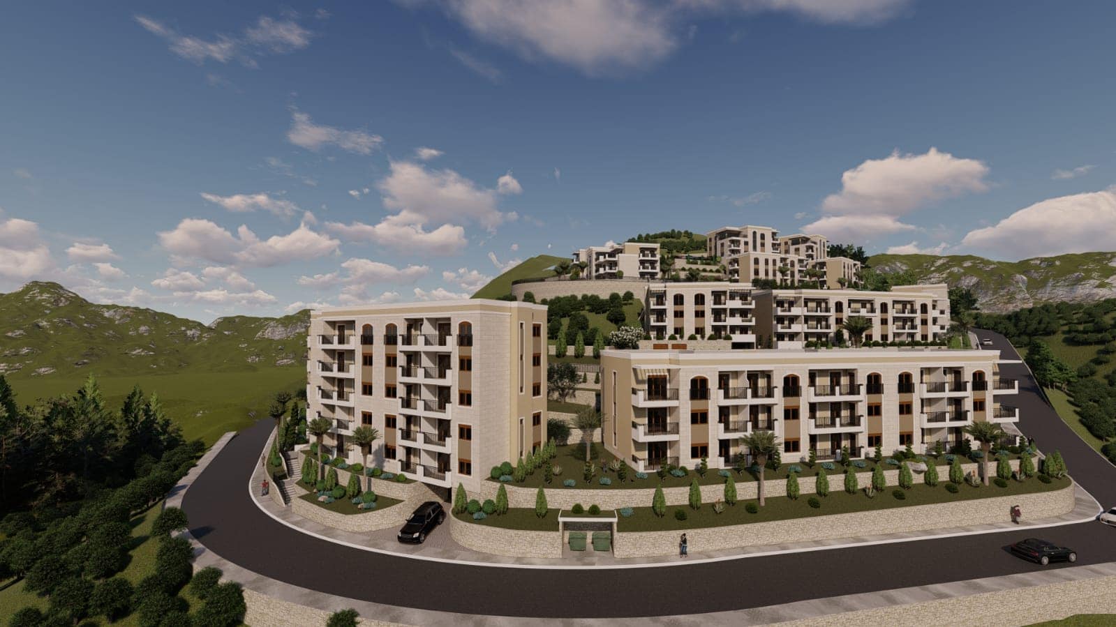 3D-Visualisierung einer Wohnanlage in Budva, Montenegro: moderne Mehrfamilienhäuser mit Terrassen und Bergblick.