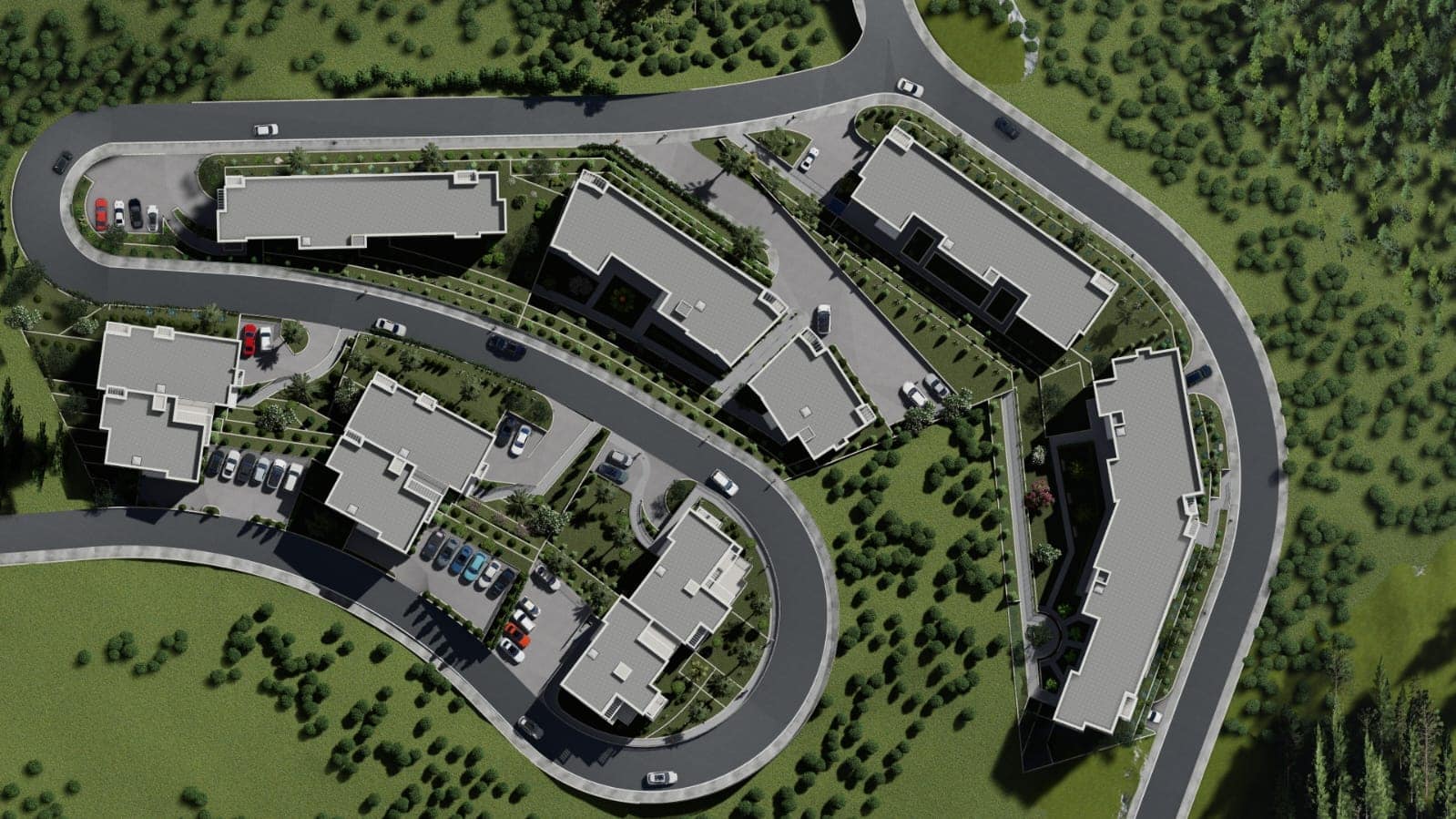 Blick von oben auf den Lageplan einer Wohnanlage in Budva, Montenegro: moderne Gebäude, Parkplätze und Begrünung.