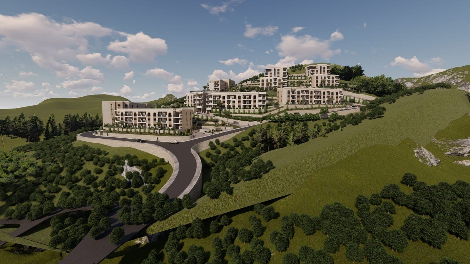 Visualisierung einer Wohnanlage in den Bergen von Budva, Montenegro: moderne Mehrfamilienhäuser mit Terrassen und Landschaftsgestaltung.