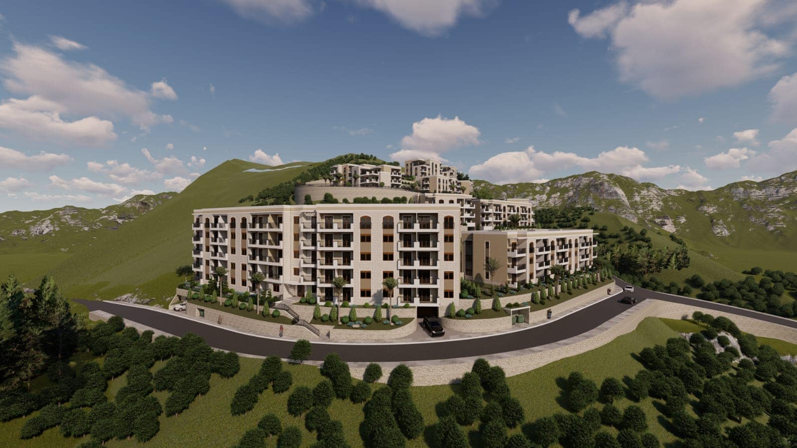 Visualisierung eines modernen Wohnkomplexes in den Bergen von Budva, Montenegro: mehrstöckige Gebäude mit Terrassen und Panoramablick.