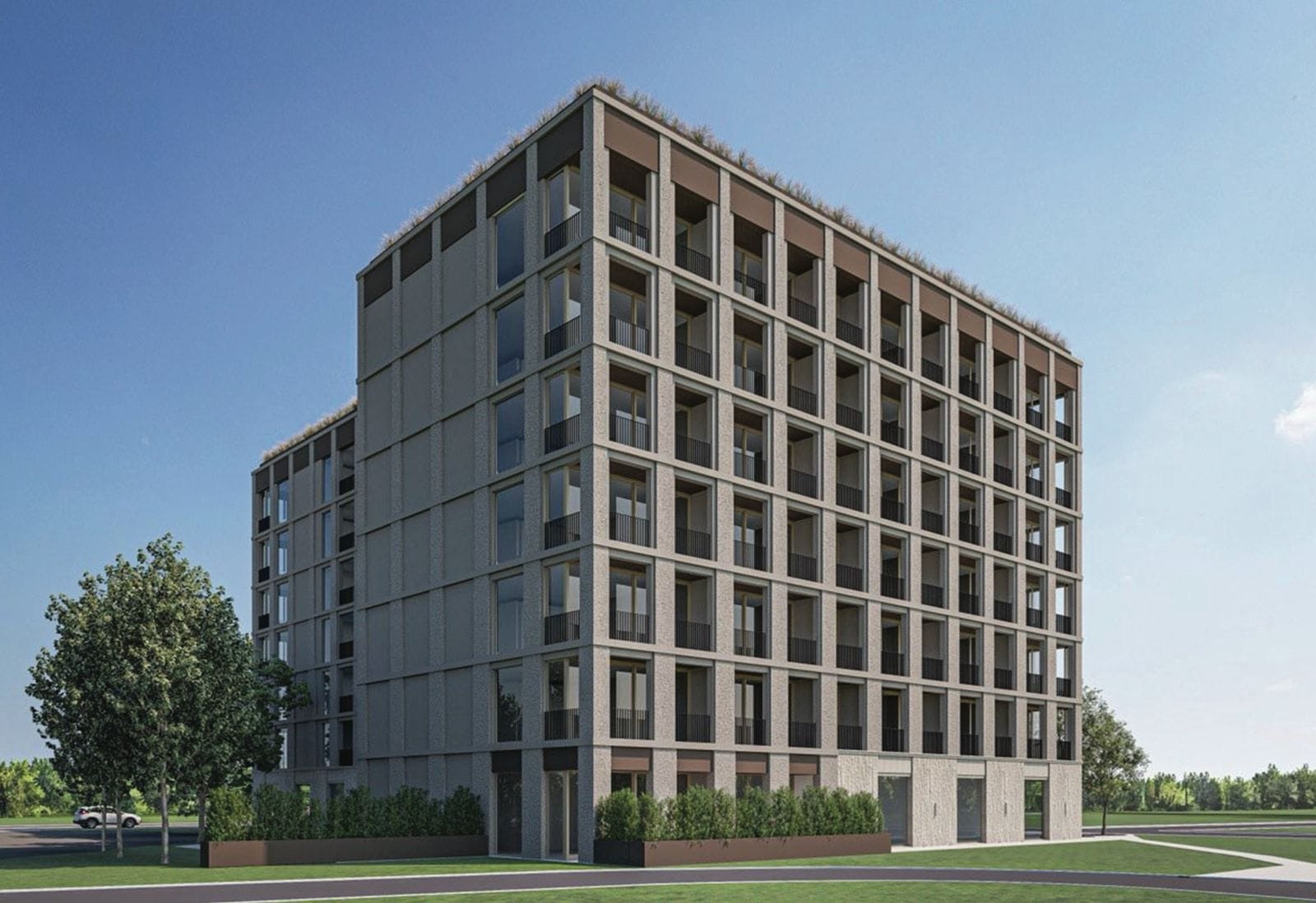 Moderner Wohnkomplex in Budva, Montenegro: Fassade eines mehrstöckigen Gebäudes mit Panoramafenstern und Balkonen.