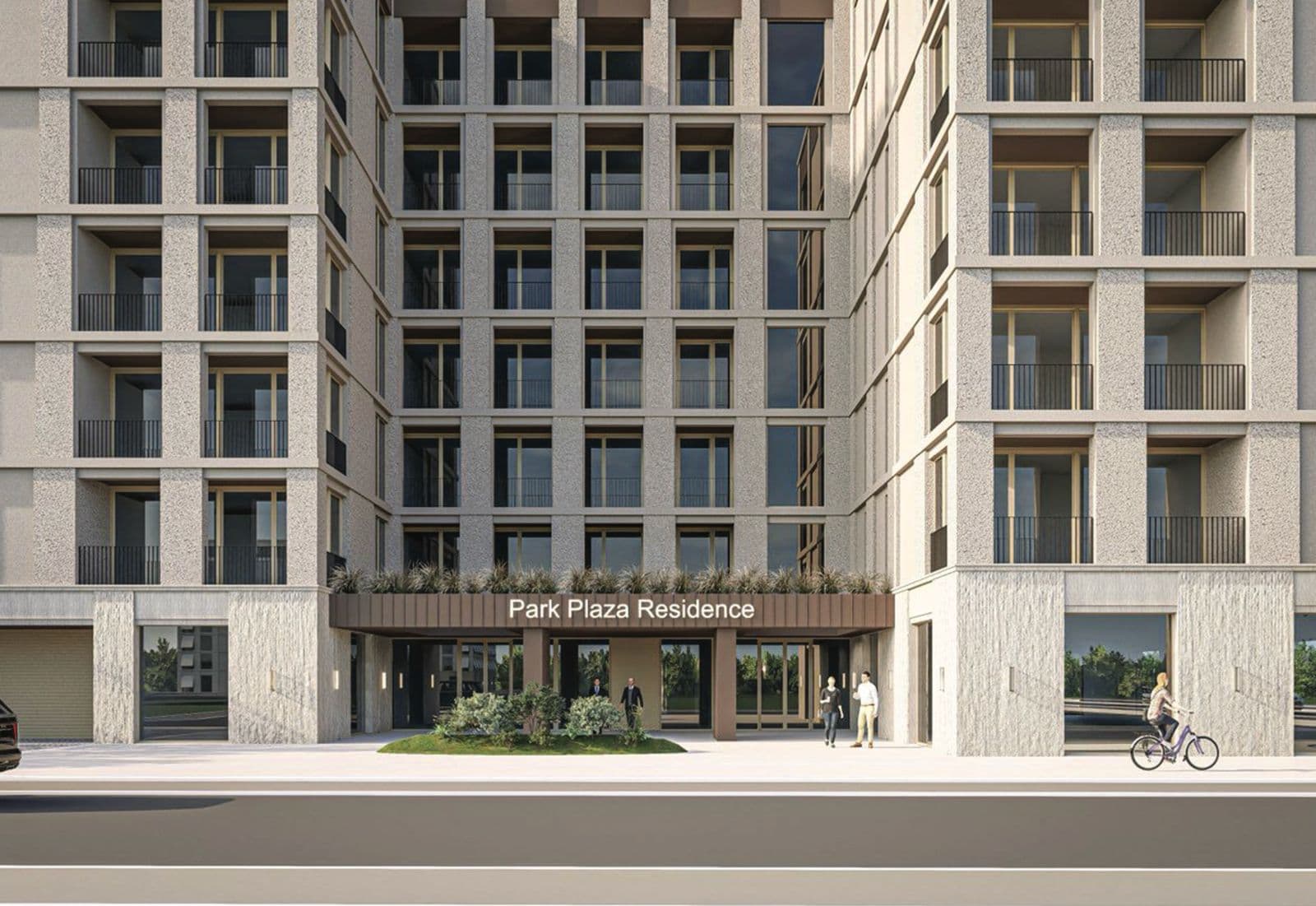 Moderner Fassadenbereich des Wohnkomplexes Park Plaza Residence in Budva, Montenegro: Eingangsbereich und Panoramafenster.