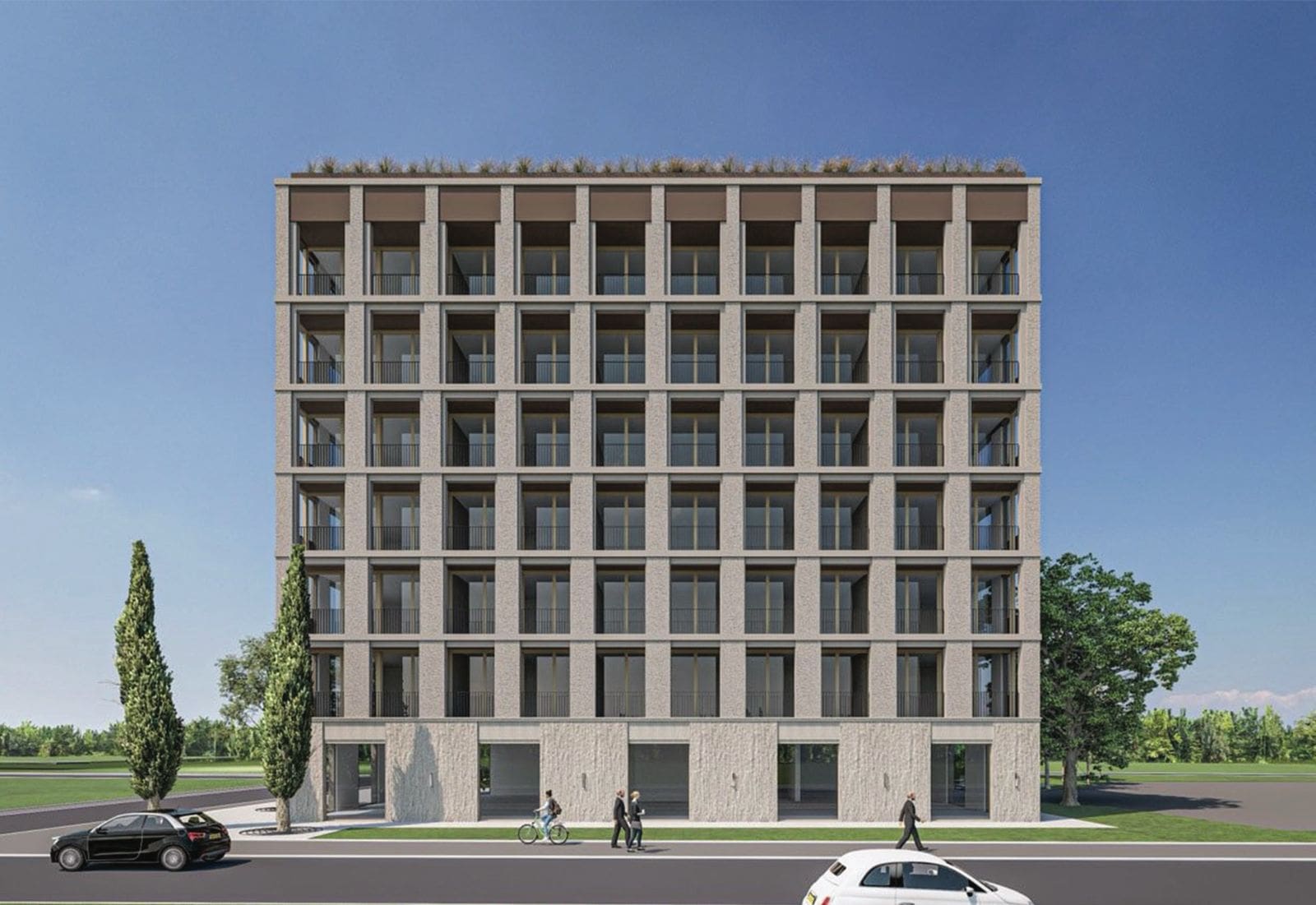 Moderner Wohnkomplex in Budva, Montenegro: Gebäudefassade mit Panoramafenstern, Balkonen und Steinverkleidung.