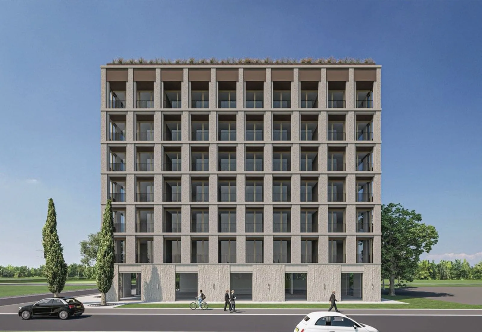 Moderner Wohnkomplex in Budva, Montenegro: Gebäudefassade mit Panoramafenstern, Balkonen und Steinverkleidung.