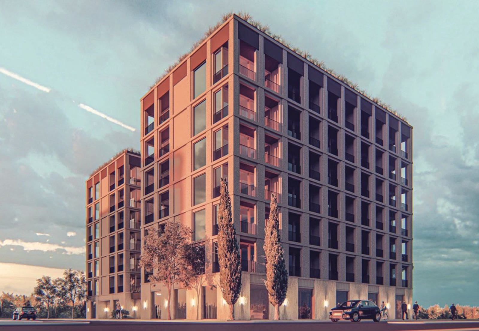 Moderner Wohnkomplex in Budva, Montenegro: Fassade eines mehrstöckigen Gebäudes mit Panoramafenstern und Terrassen.