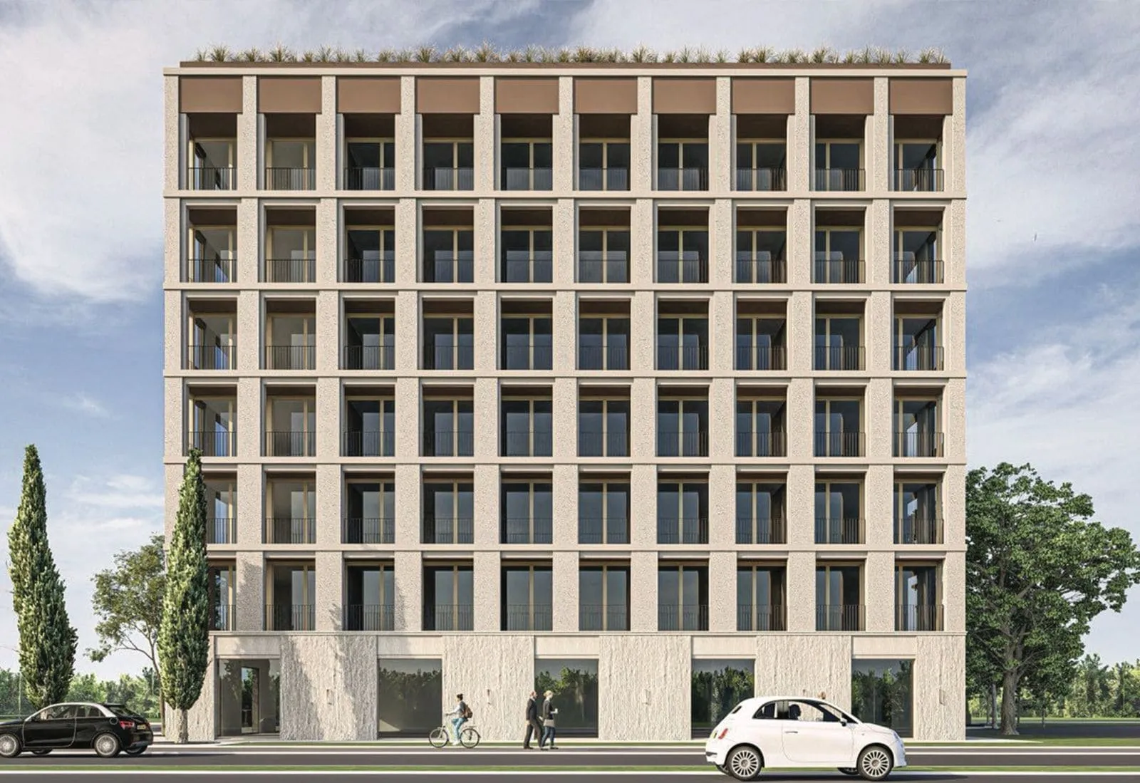 Modernes Mehrfamilienwohnhaus mit Panoramafenstern und Terrassen in Budva, Montenegro, Außenansicht.