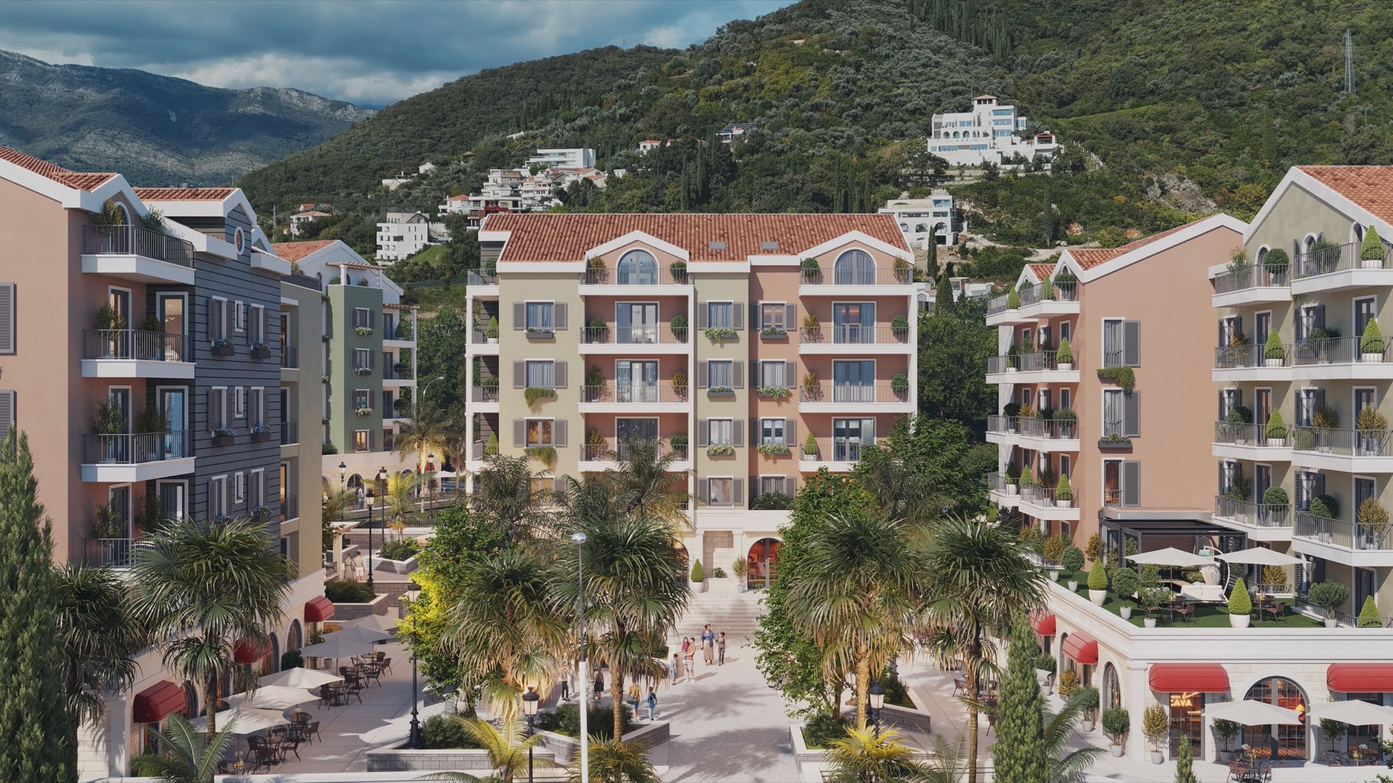 Tivat, Karadağ'da teraslı ve palmiye ağaçlı modern konut kompleksi: peyzajlı alanın ve dış cephelerin görünümü.
