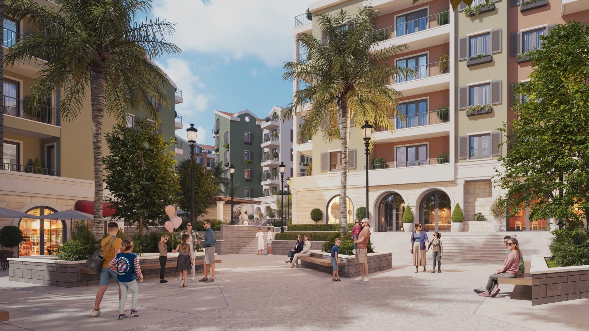 Karadağ, Tivat'ta modern konut kompleksi: palmiye ağaçları ve evlerin önünde yürüyüş alanı bulunan düzenlenmiş bir avlu.