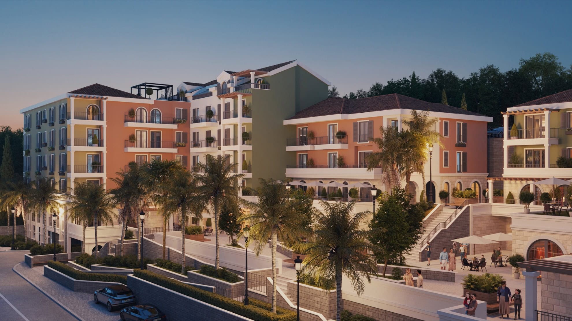 Karadağ, Tivat'ta modern konut kompleksi: teraslı, palmiye ağaçlı ve peyzajlı avluya sahip apartmanlar.