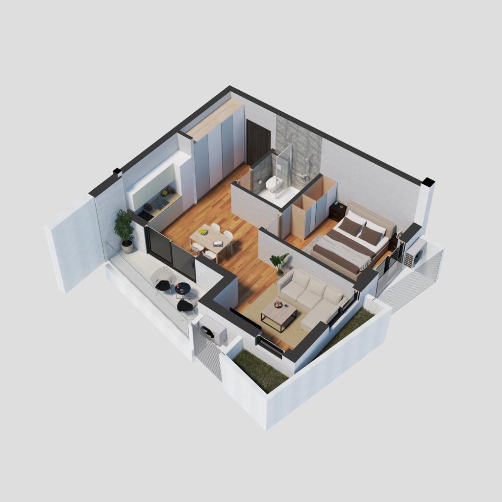 3D-планировка квартиры в Петроваце, Черногория: спальня, гостиная, кухня, санузел и терраса с мебелью.