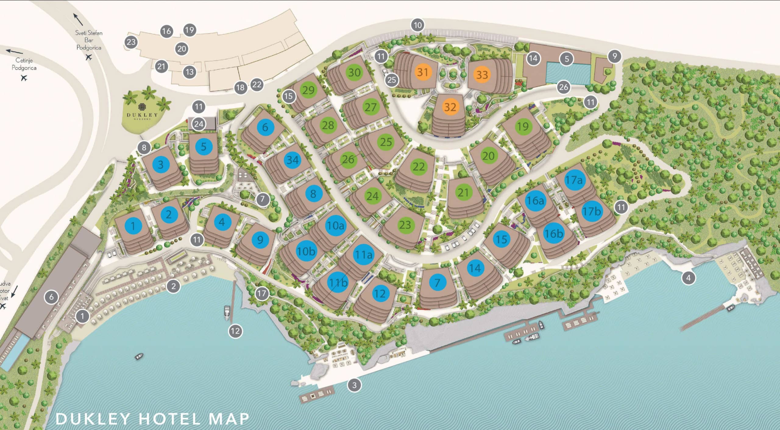 Lageplan des Wohnkomplexes Dukley Gardens in Budva, Montenegro: Lage der Villen, des Pools und des Strandes.