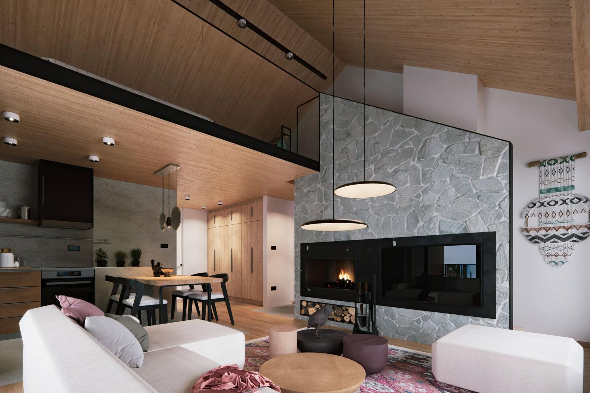Modernes Wohnzimmer mit Kamin und Holzverkleidung in einer Wohnanlage, Kolašin, Montenegro. Innenraum mit Mezzanin.