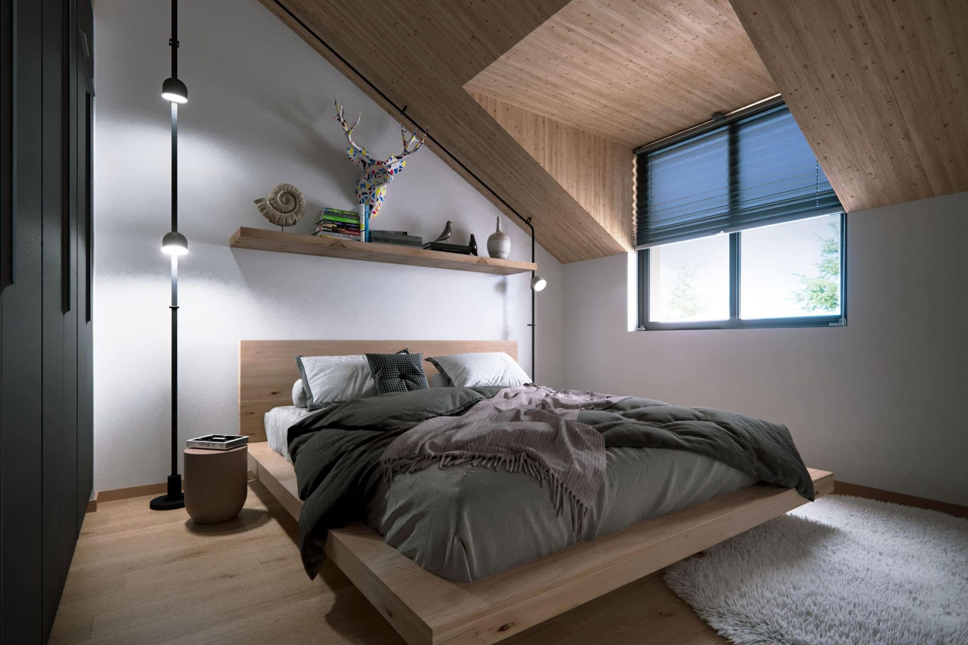 Modernes Schlafzimmer mit Holzverkleidung in einer Wohnanlage in Kolašin, Montenegro: Doppelbett und Dachgeschoss.
