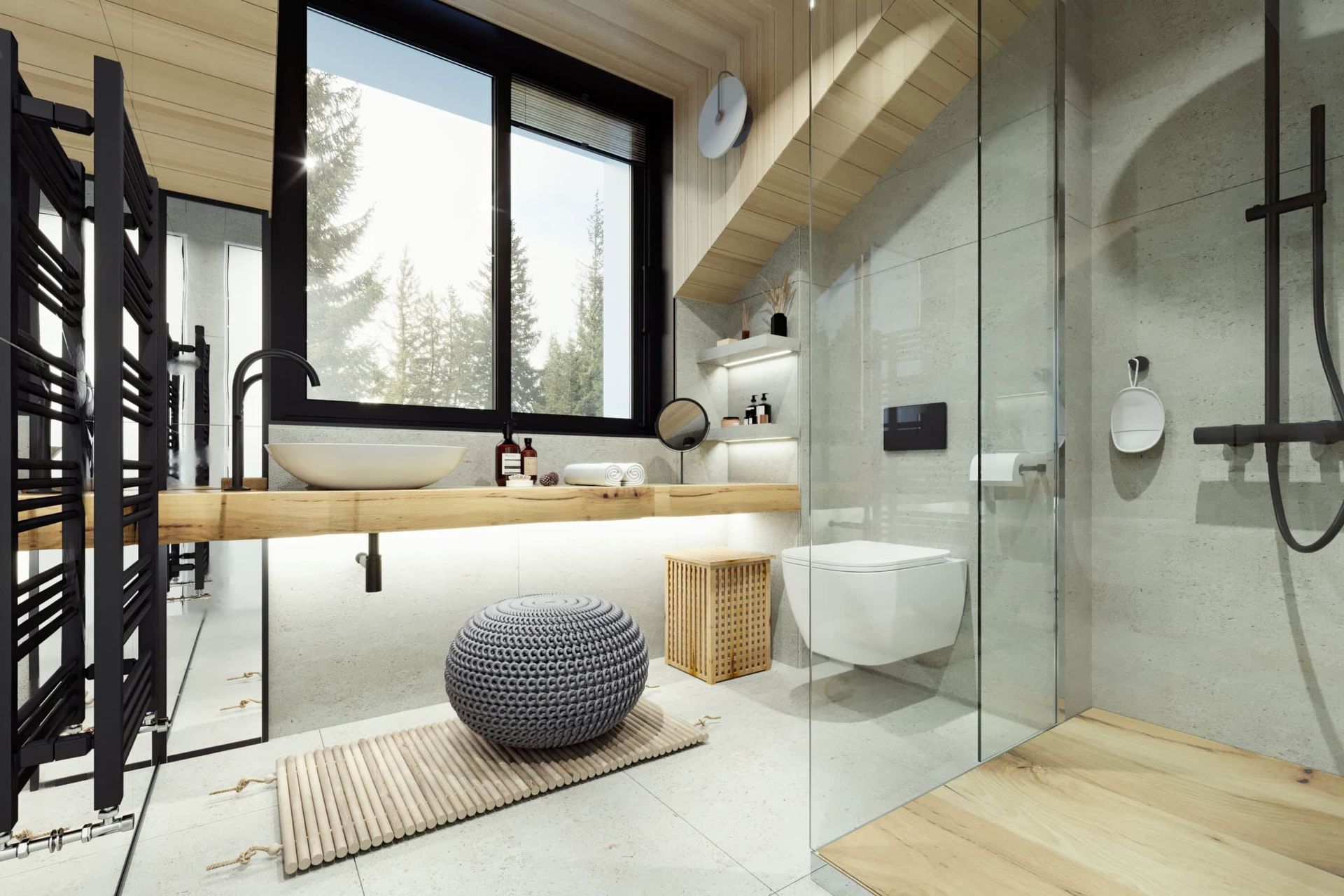 Modernes Badezimmer im ЖК Kolasin, Montenegro: Holzverkleidung, Duschkabine und Blick auf den Nadelwald.