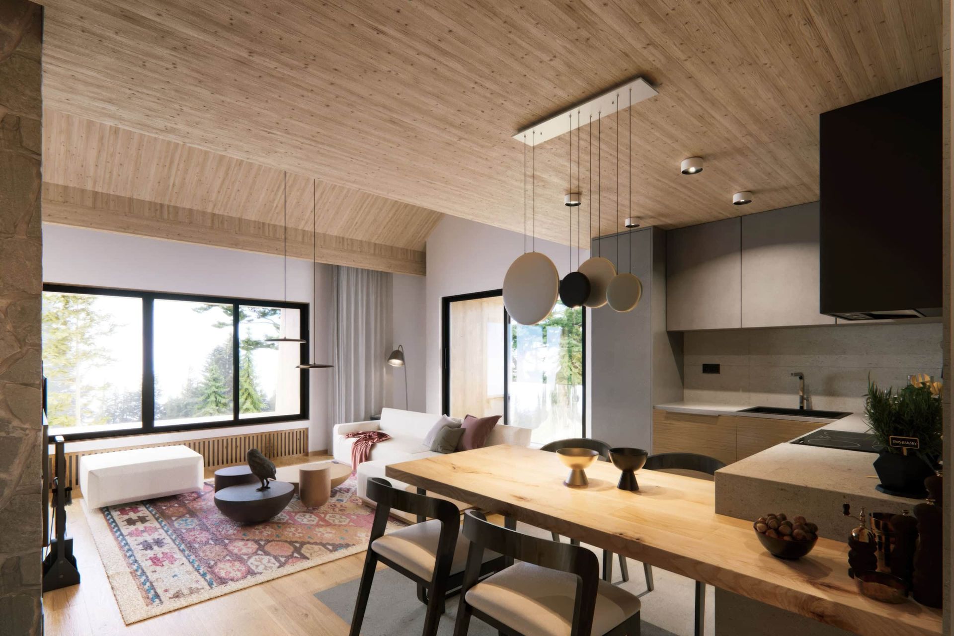 Modernes Wohnzimmer mit Holzverkleidung und Küche in einer Wohnanlage, Kolašin, Montenegro. Panoramafenster und Blick auf den Wald.