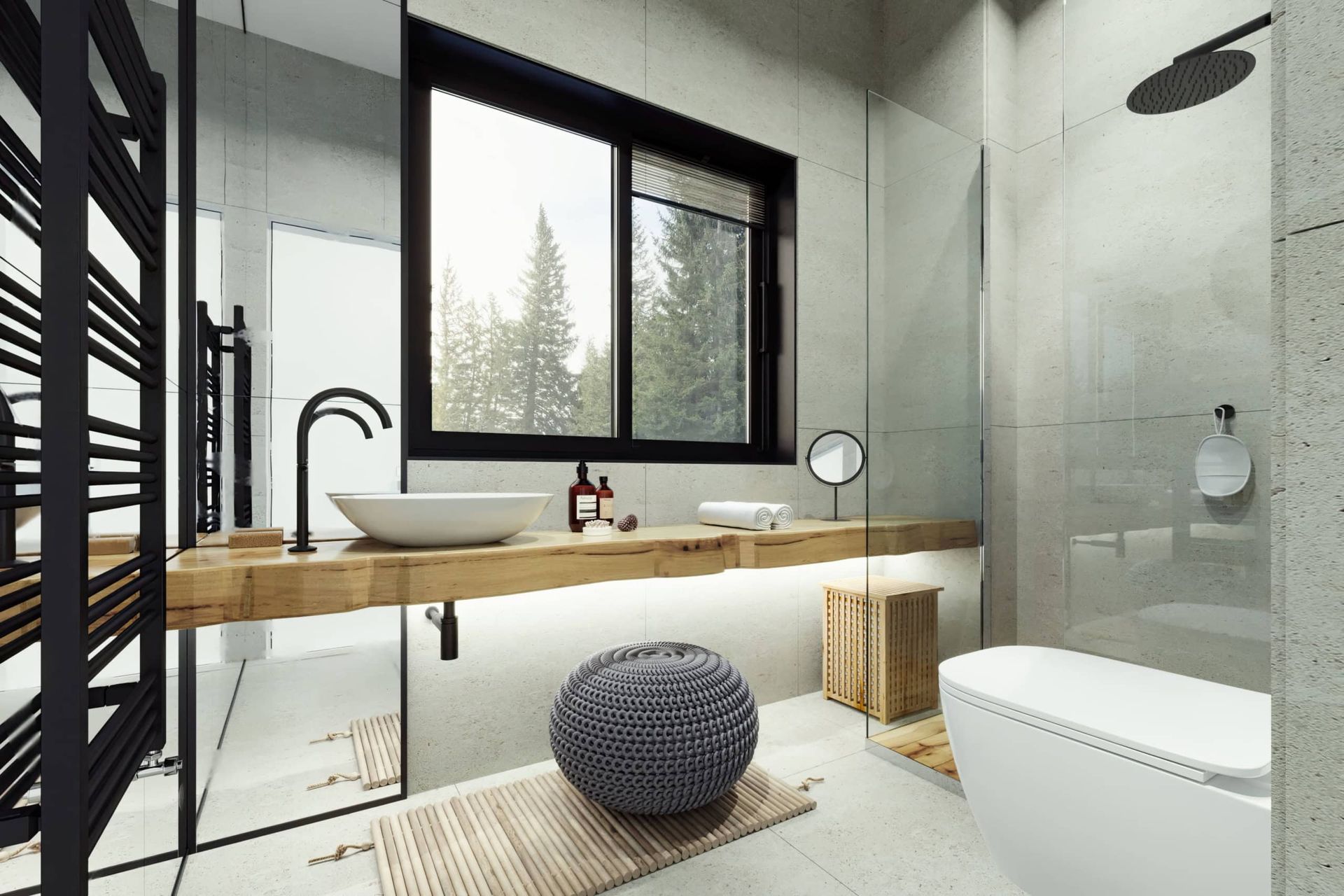 Modernes Badezimmer mit Holzarbeitsplatte und Blick auf den Wald im ЖК Kolasin, Montenegro.