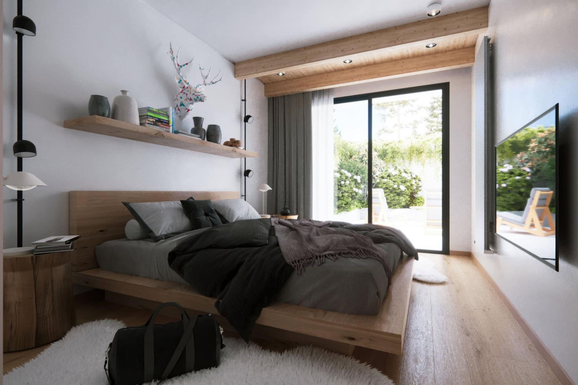 Modernes Schlafzimmer im ЖК Kolasin, Montenegro: Holzbett, Panoramafenster mit Zugang zur Terrasse und Dekor.