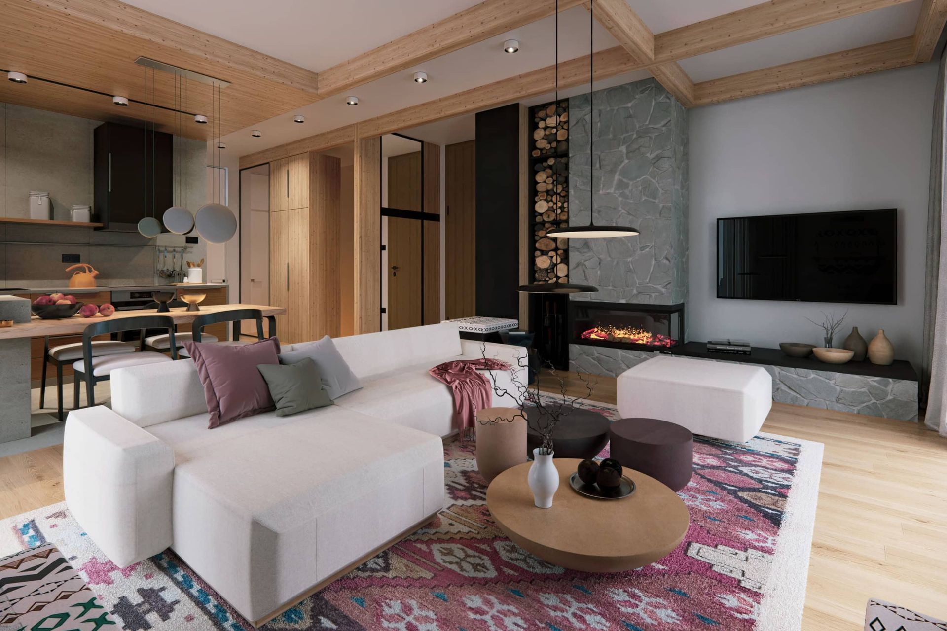 Wohnzimmer mit Kamin und Küche in einer modernen Wohnanlage in Kolašin, Montenegro: stilvolles Interieur, Holz und Stein.