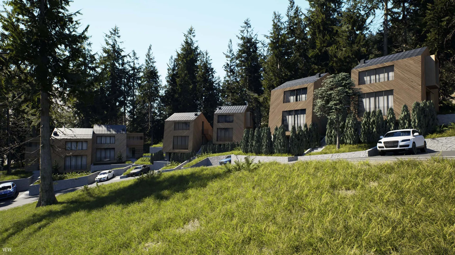 Karadağ, Kolašin’deki konut kompleksinde ormandaki modern ahşap villalar: panoramik pencereli evlerin görünümü.