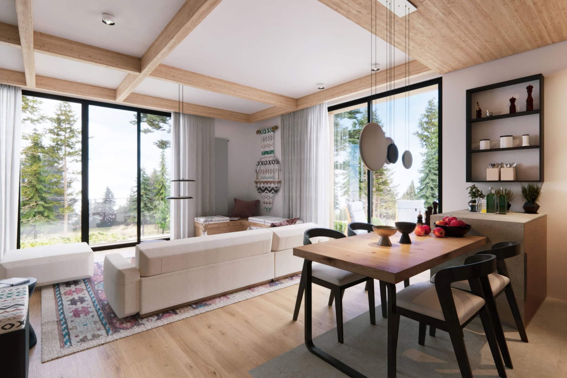 Modernes Wohnzimmer mit Panoramafenstern und Blick auf den Wald in einer Wohnanlage, Kolašin, Montenegro.
