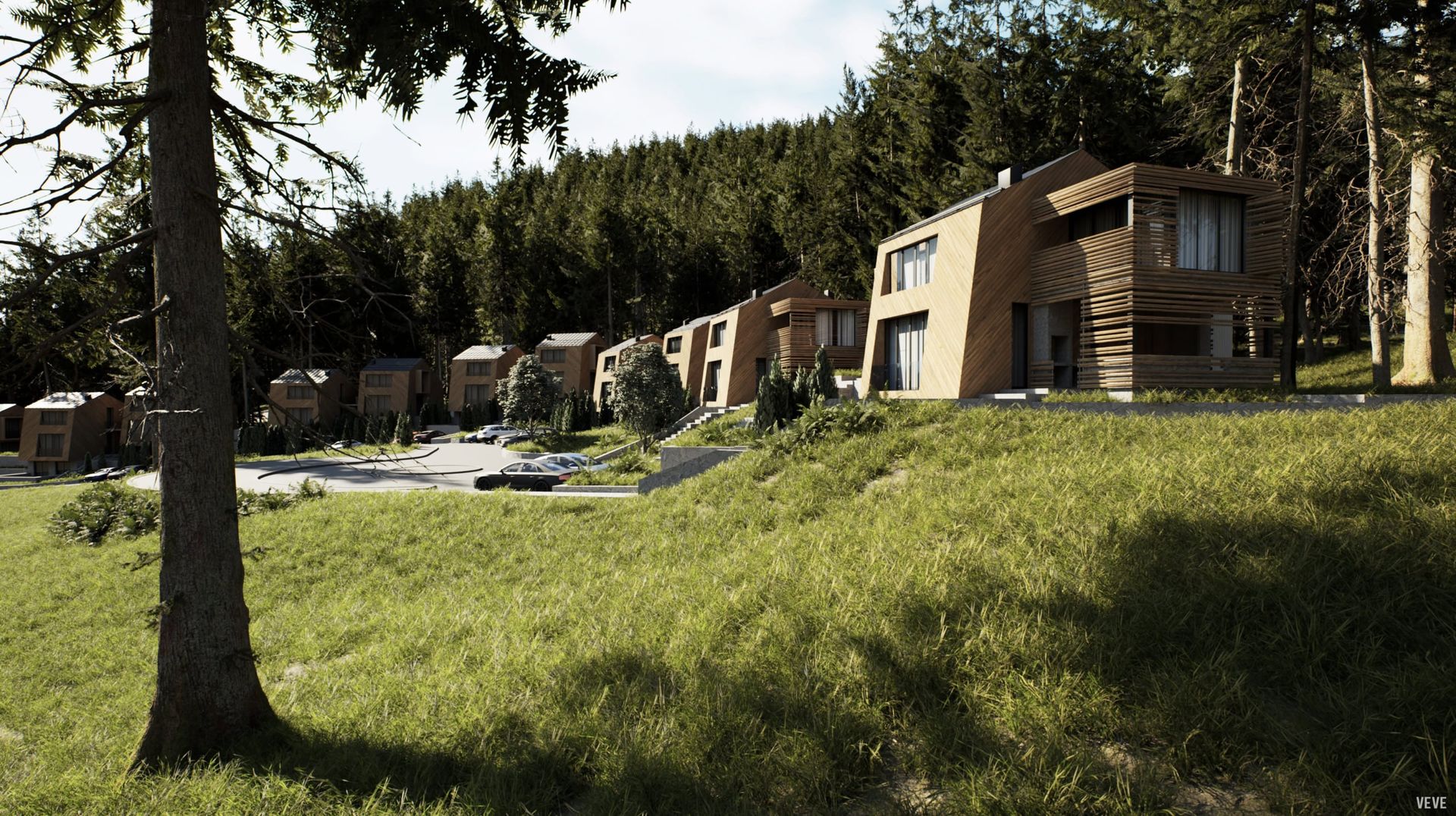 Moderne Holzvillen im Wald, Wohnanlage in Kolašin, Montenegro: Außenansicht der Cottages mit Panoramafenstern.