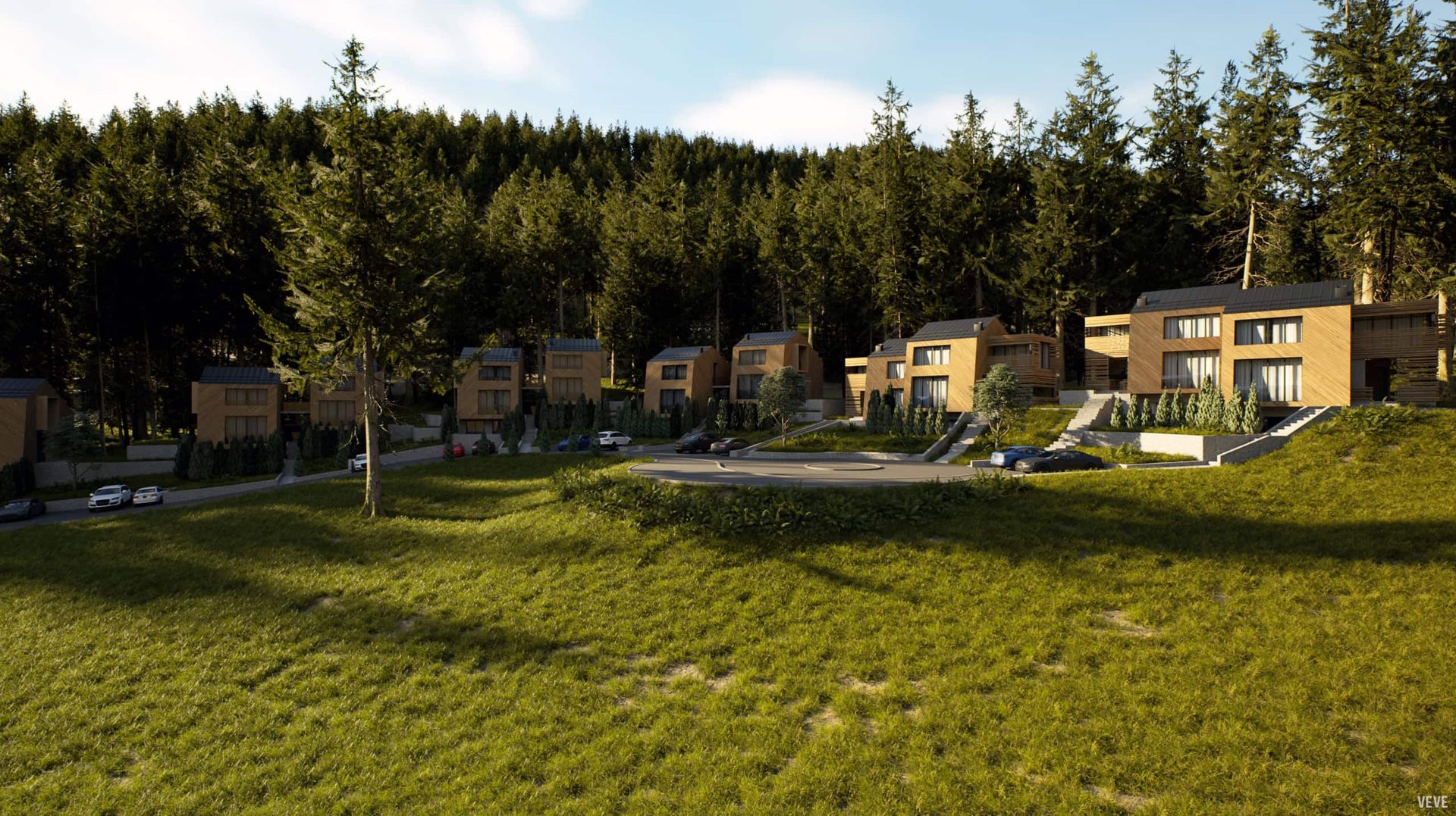 Moderner Wohnkomplex aus Holzhäusern im Wald, Stadt Kolasin, Montenegro, Blick auf das Gelände und die Cottages.