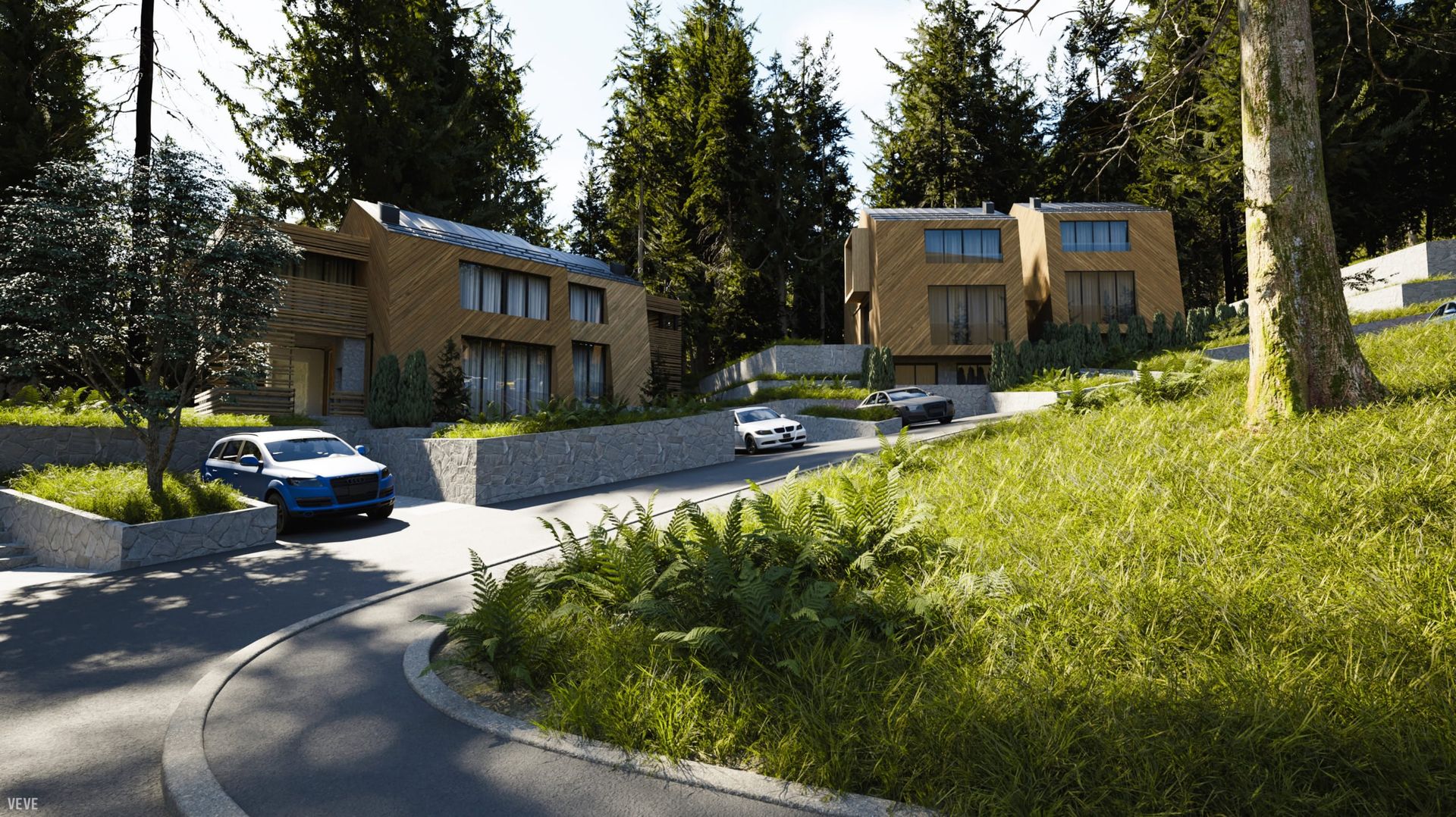 Moderne Holzvillen im Wald, Wohnanlage in Kolašin, Montenegro: Panoramafenster und Steinverkleidung der Fassade.