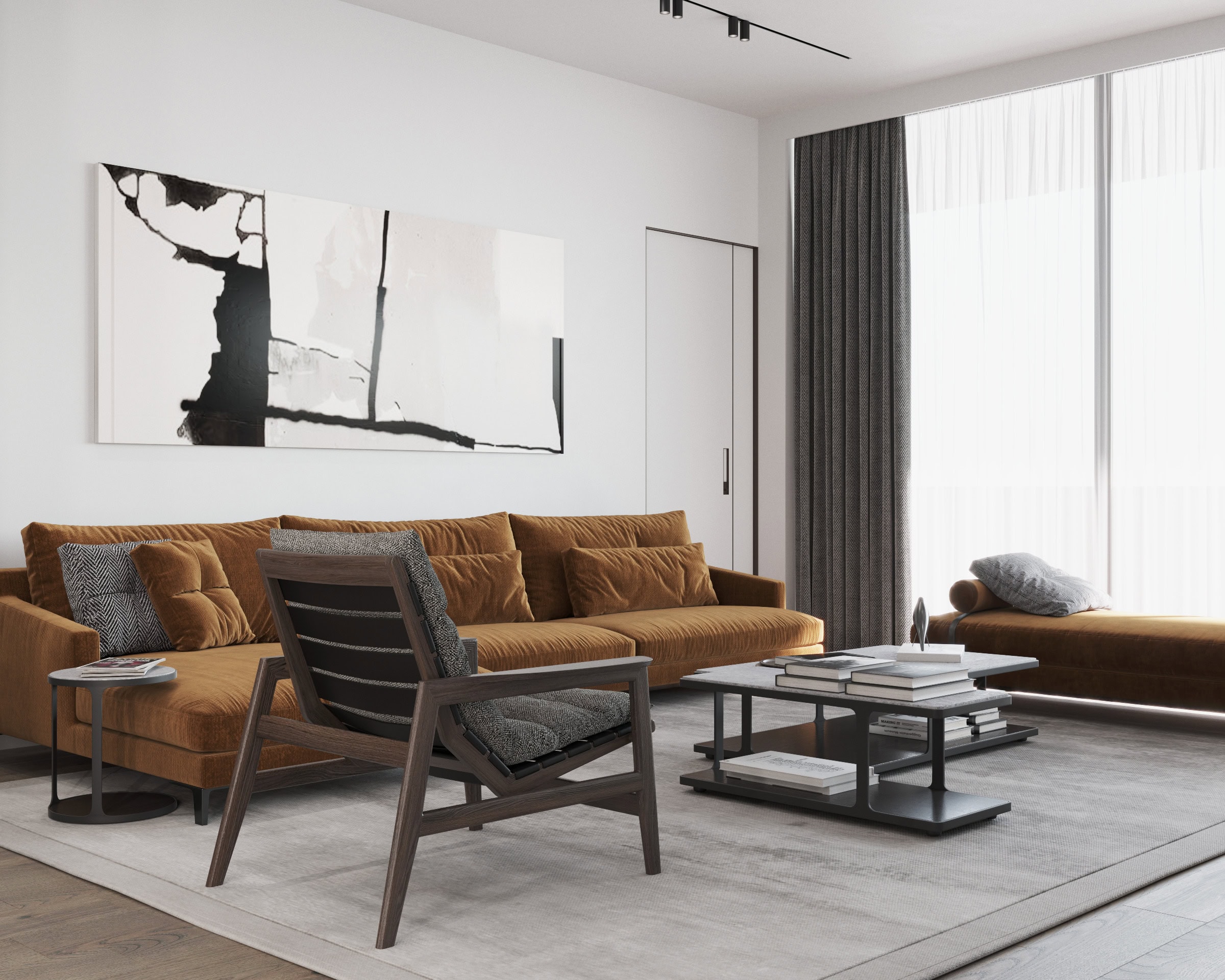 Savremena dnevna soba u stambenom kompleksu Tivat, Crna Gora: terakot sofa, dizajnerska fotelja i panoramski prozori u enterijeru.