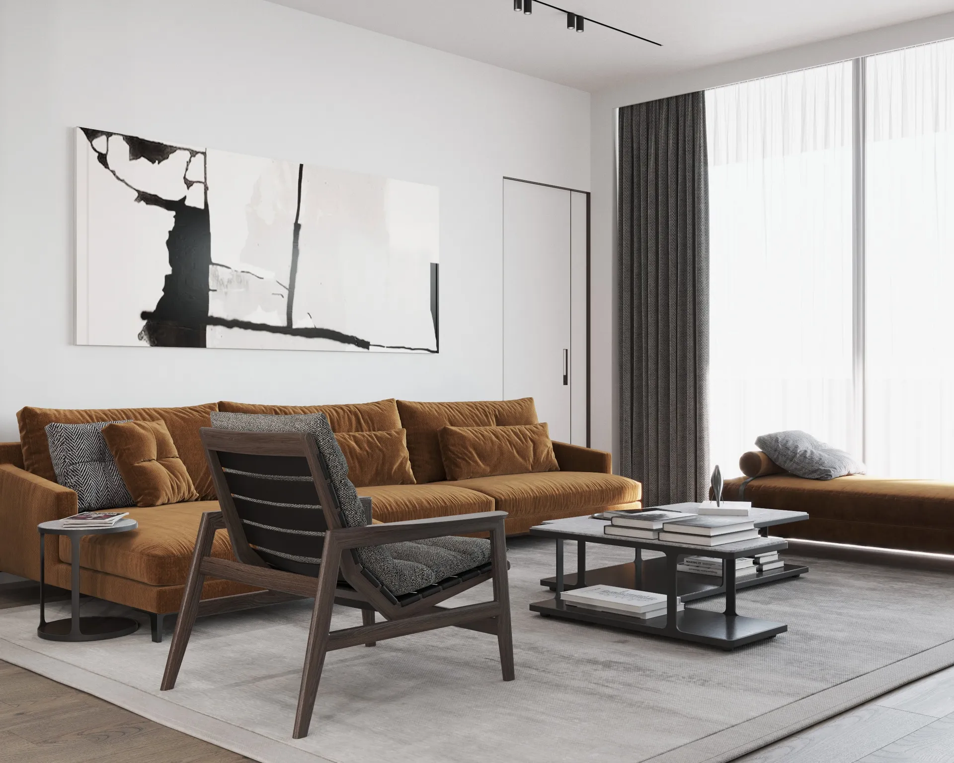 Modern living room featuring a brown sofa, wooden armchair, abstract wall art, and large window with curtains.