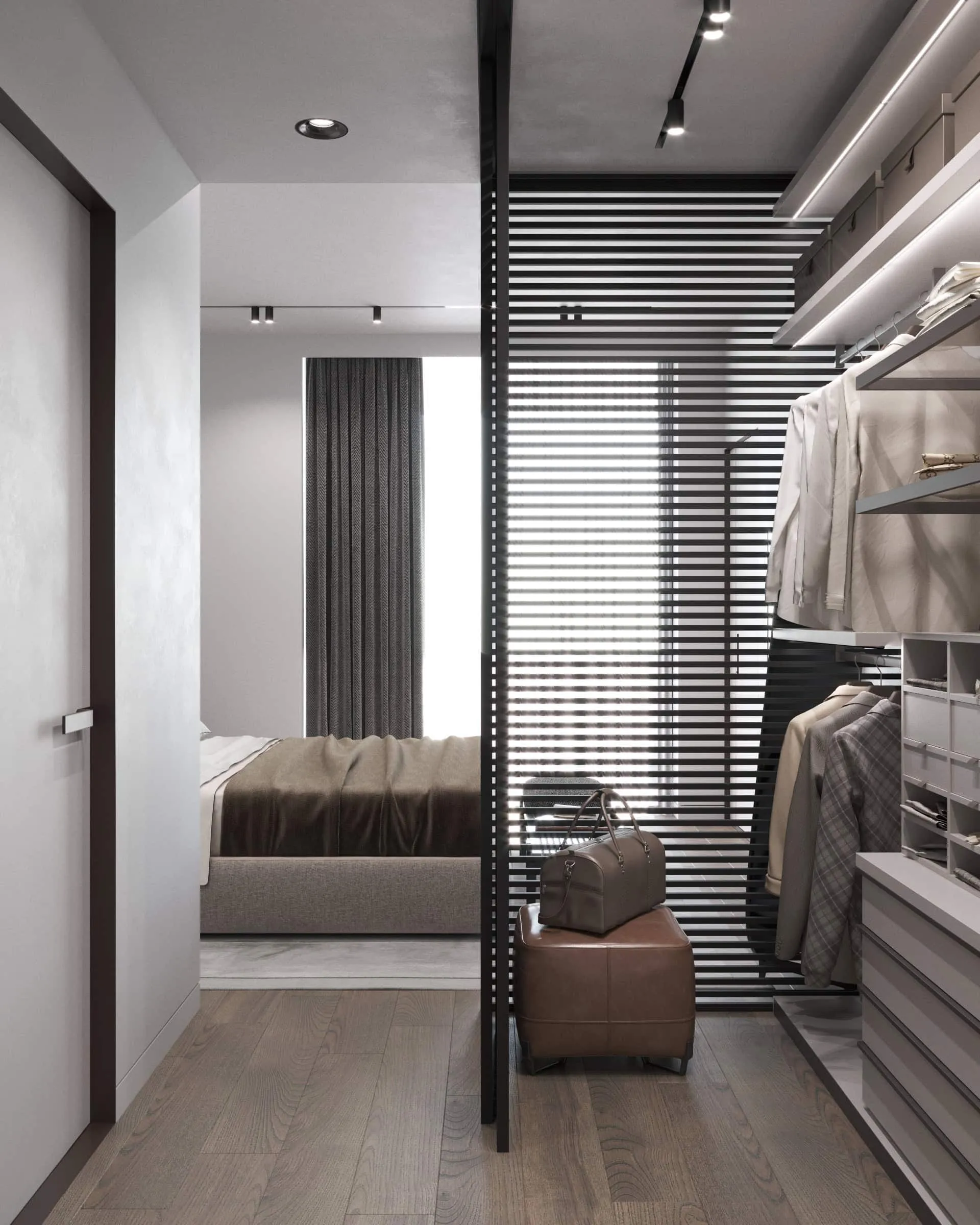 Modern bedroom with a visible bed and an adjacent walk-in closet separated by a slatted partition screen.