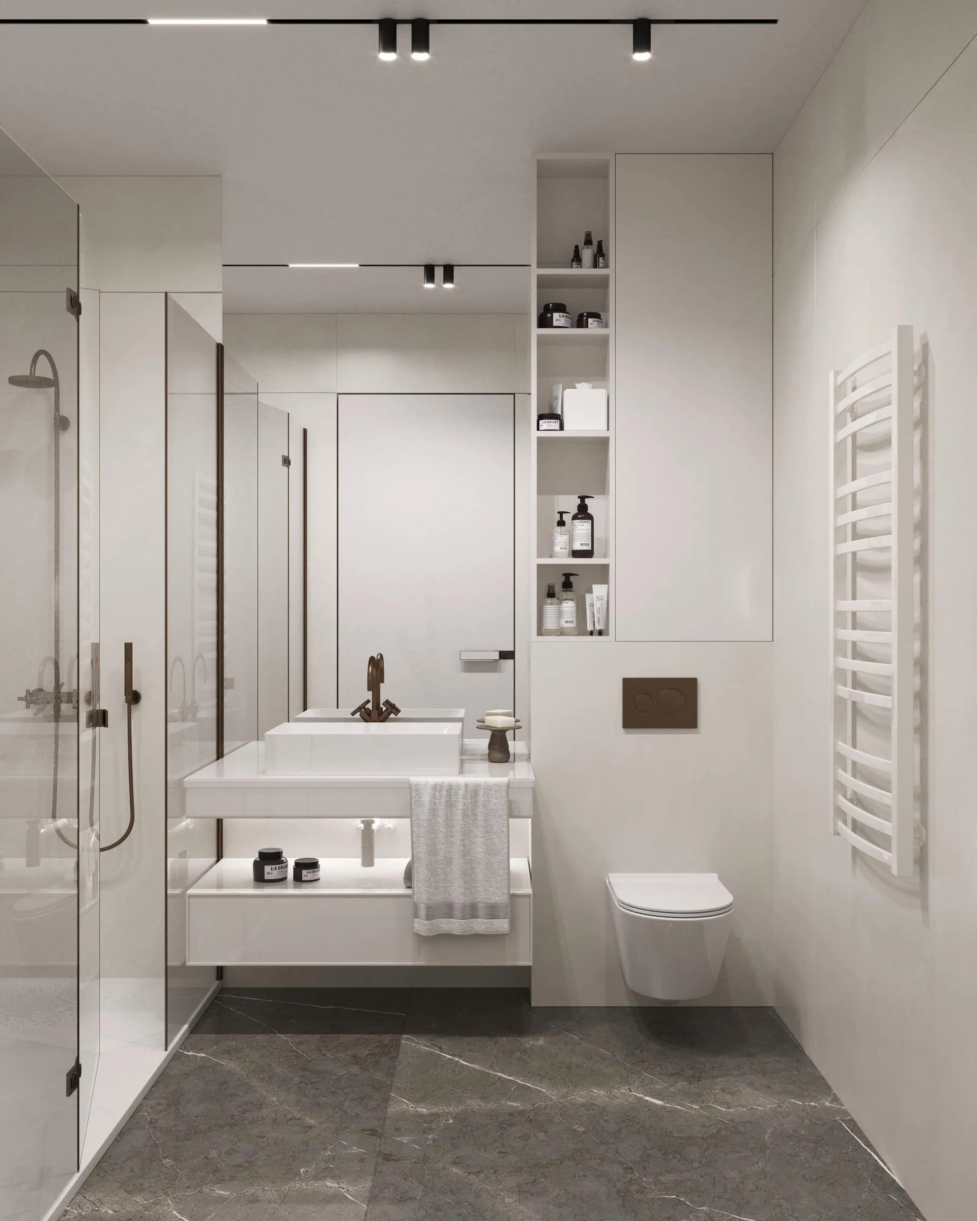 Modern bathroom featuring a wall-mounted toilet, vessel sink on a vanity, glass shower enclosure, and heated towel rail.