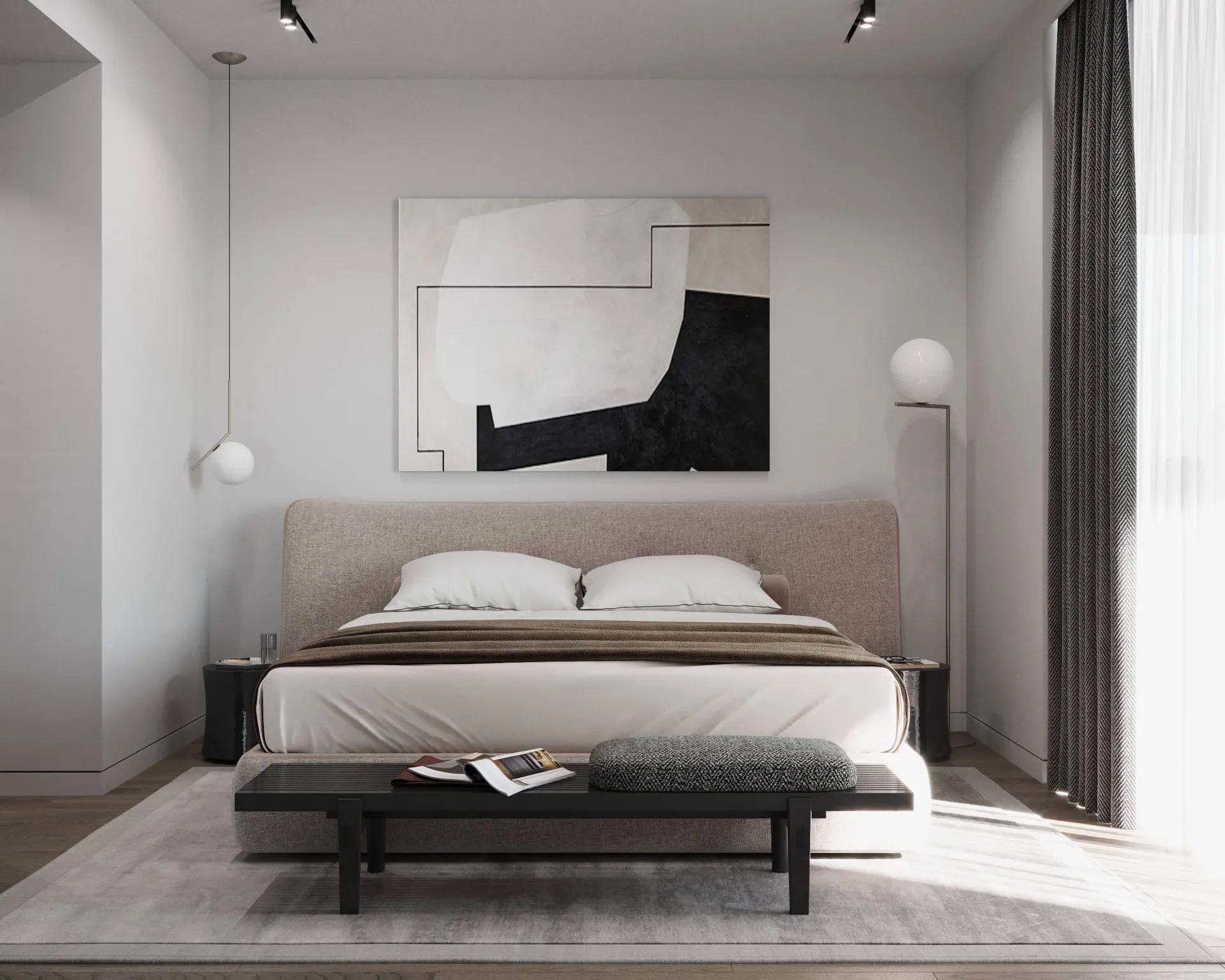 Modern bedroom featuring a double bed, abstract wall art, pendant lights, and a black bench at the foot.