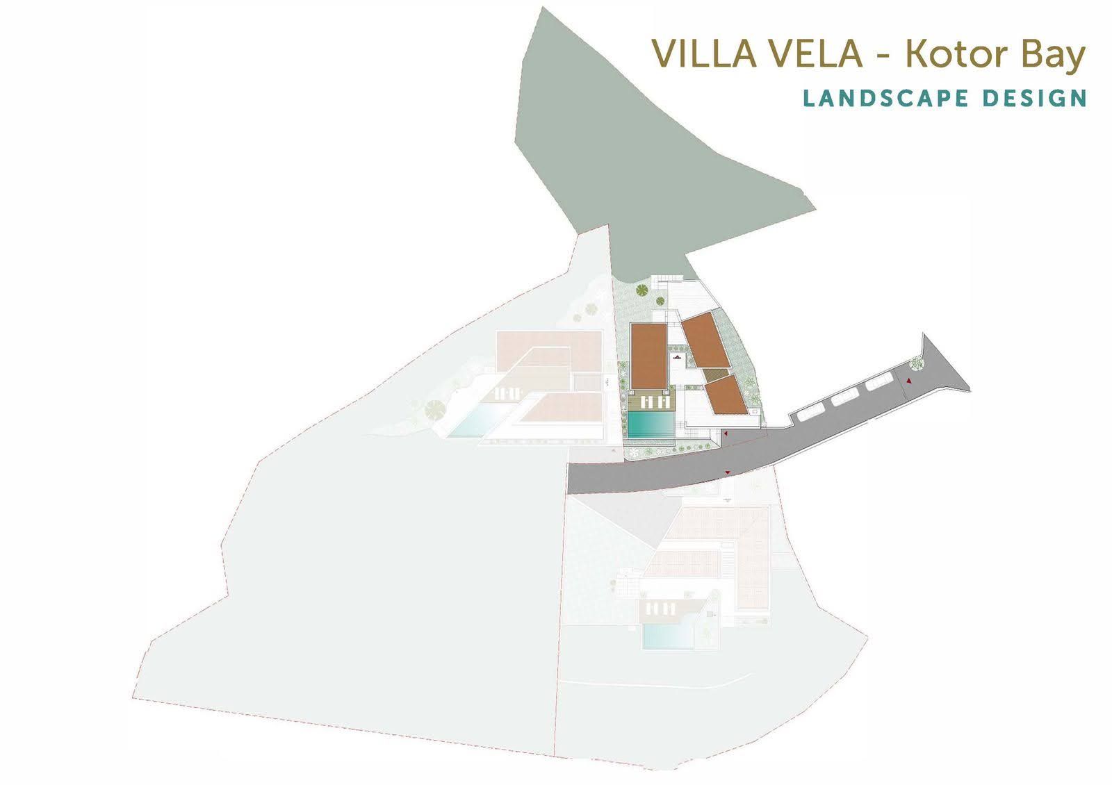 Karadağ, Prčanj, Kotor Körfezi’ndeki Vela villasının peyzaj tasarımı genel planı: arsa ve yapıların şeması.