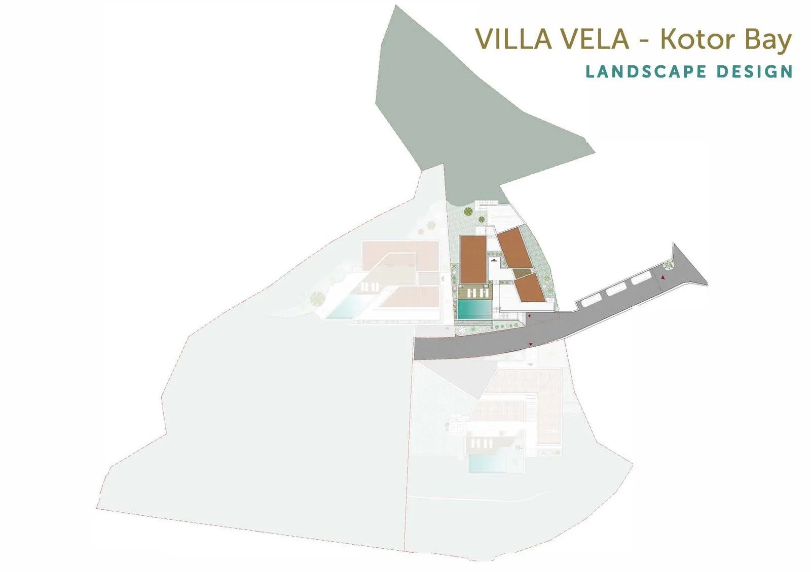 Karadağ, Prčanj, Kotor Körfezi’ndeki Vela villasının peyzaj tasarımı genel planı: arsa ve yapıların şeması.